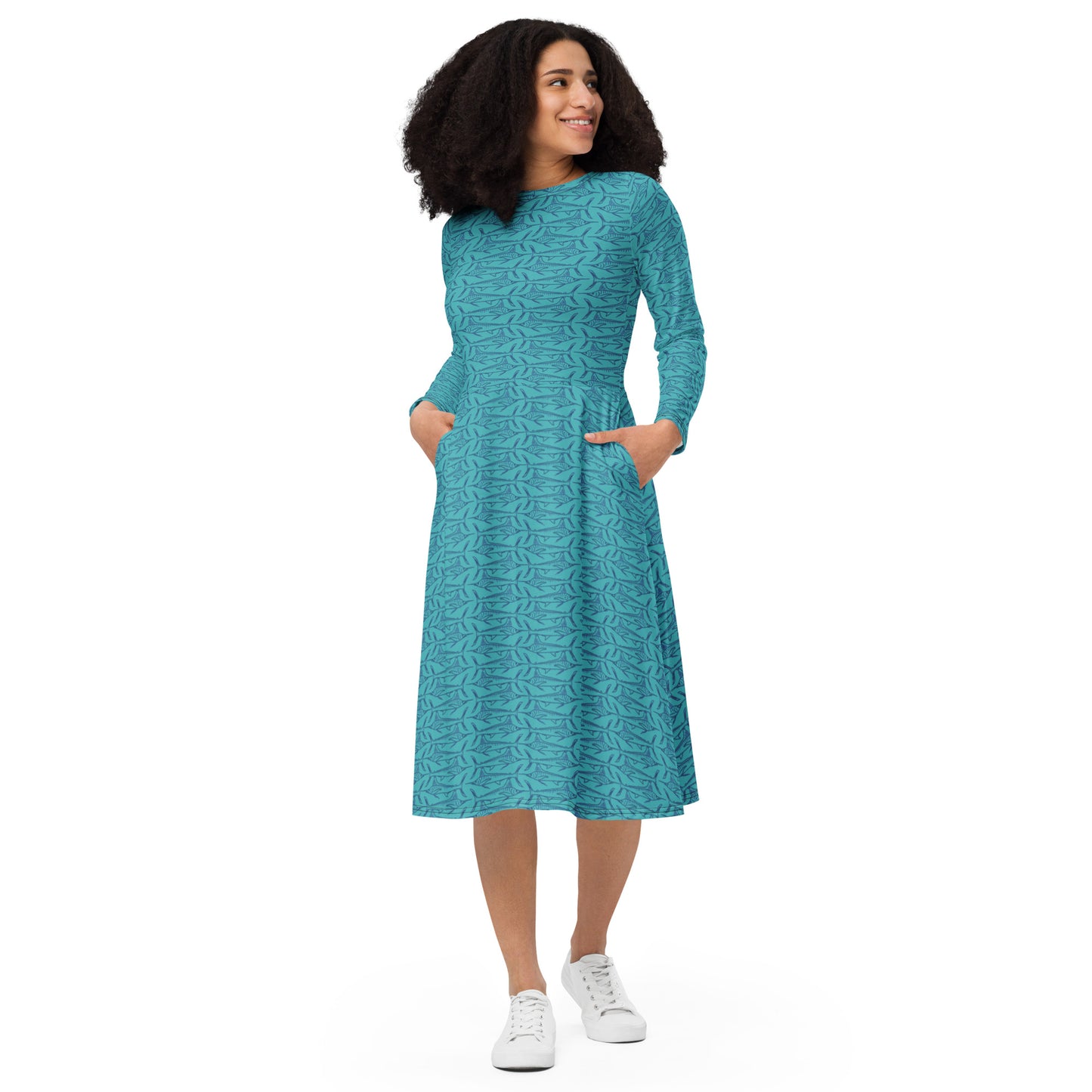 Navy Marlin Sketch All-over print long sleeve midi dress