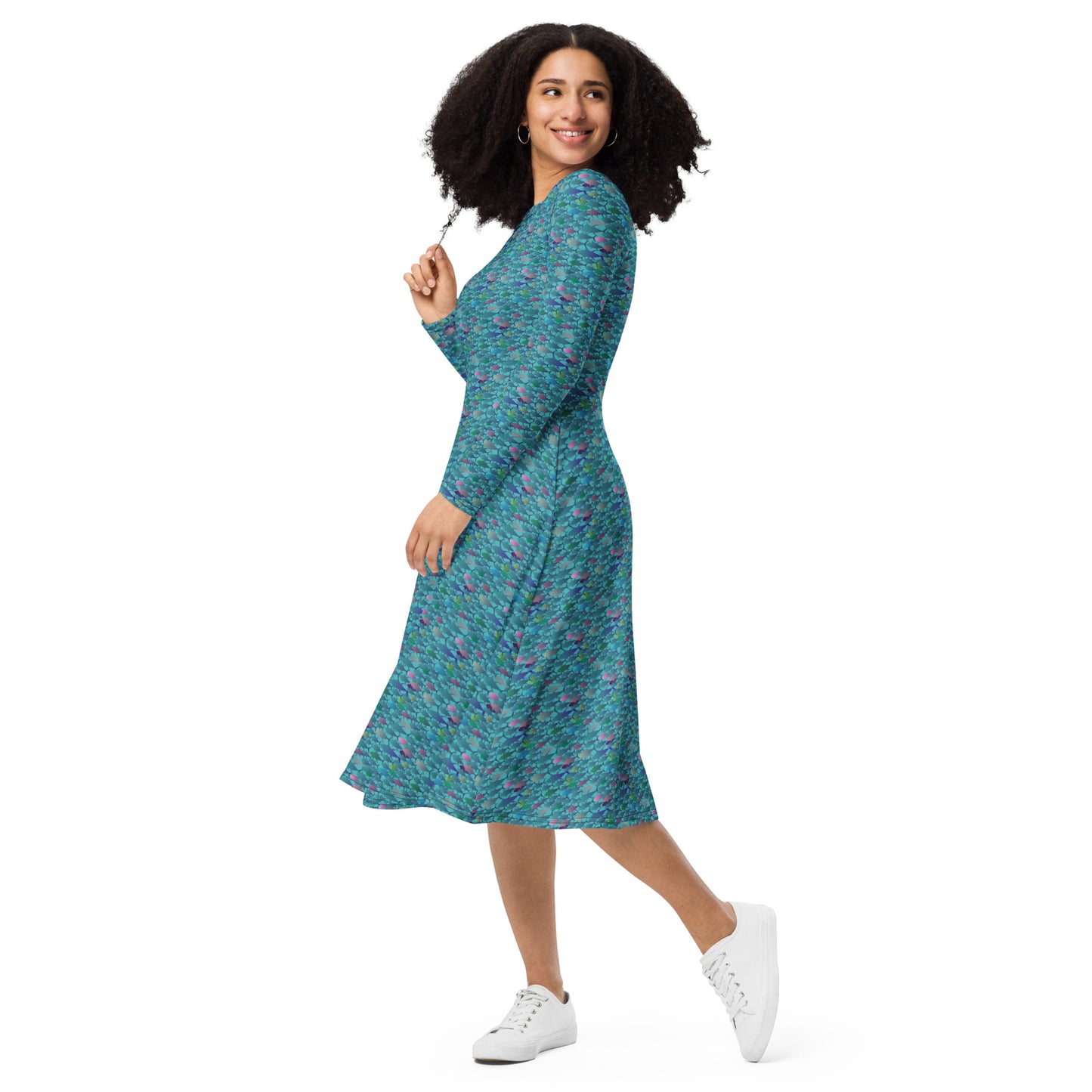 Technicolor Tuna on teal All-over print long sleeve midi dress