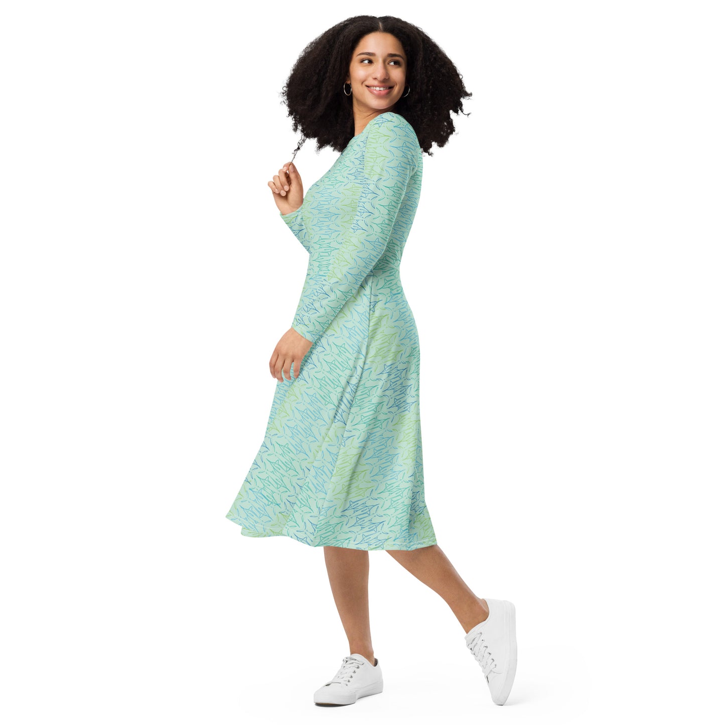 Marlin block All-over print long sleeve midi dress