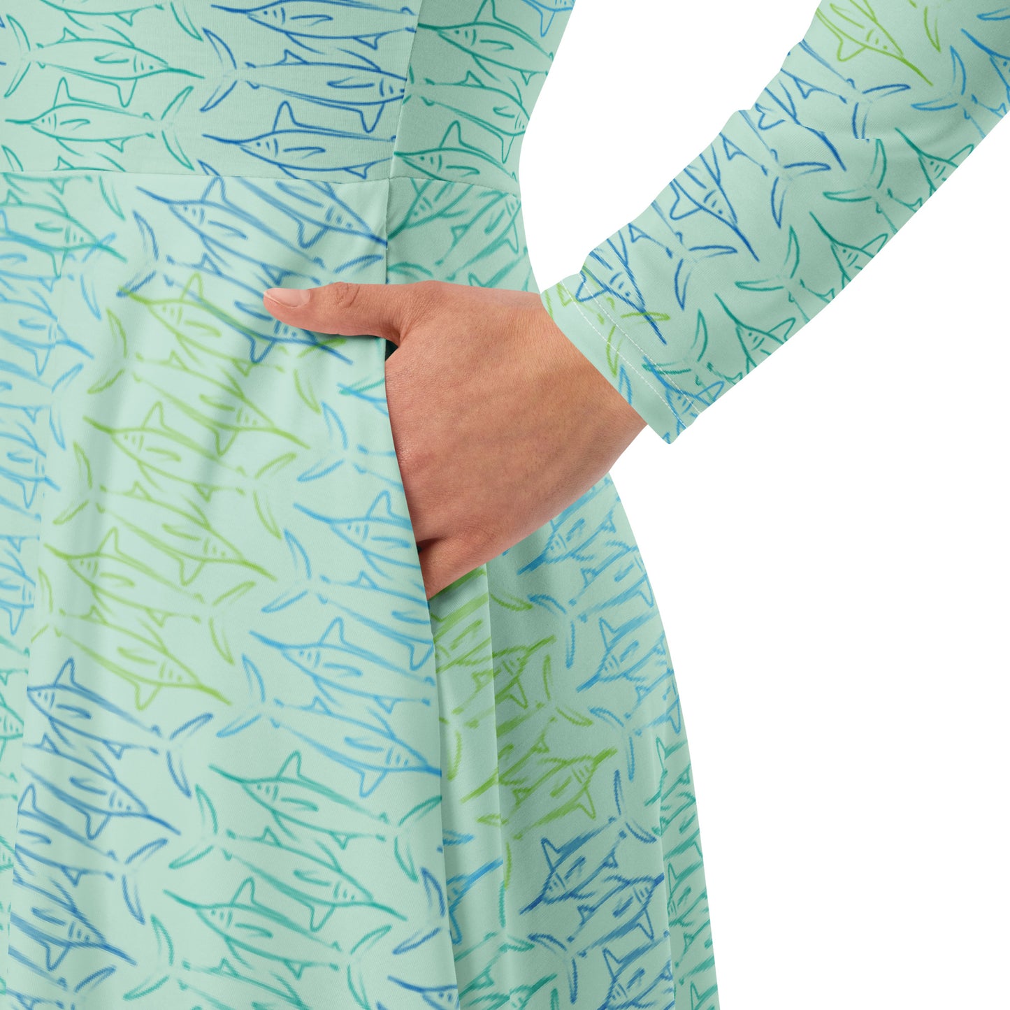Marlin block All-over print long sleeve midi dress