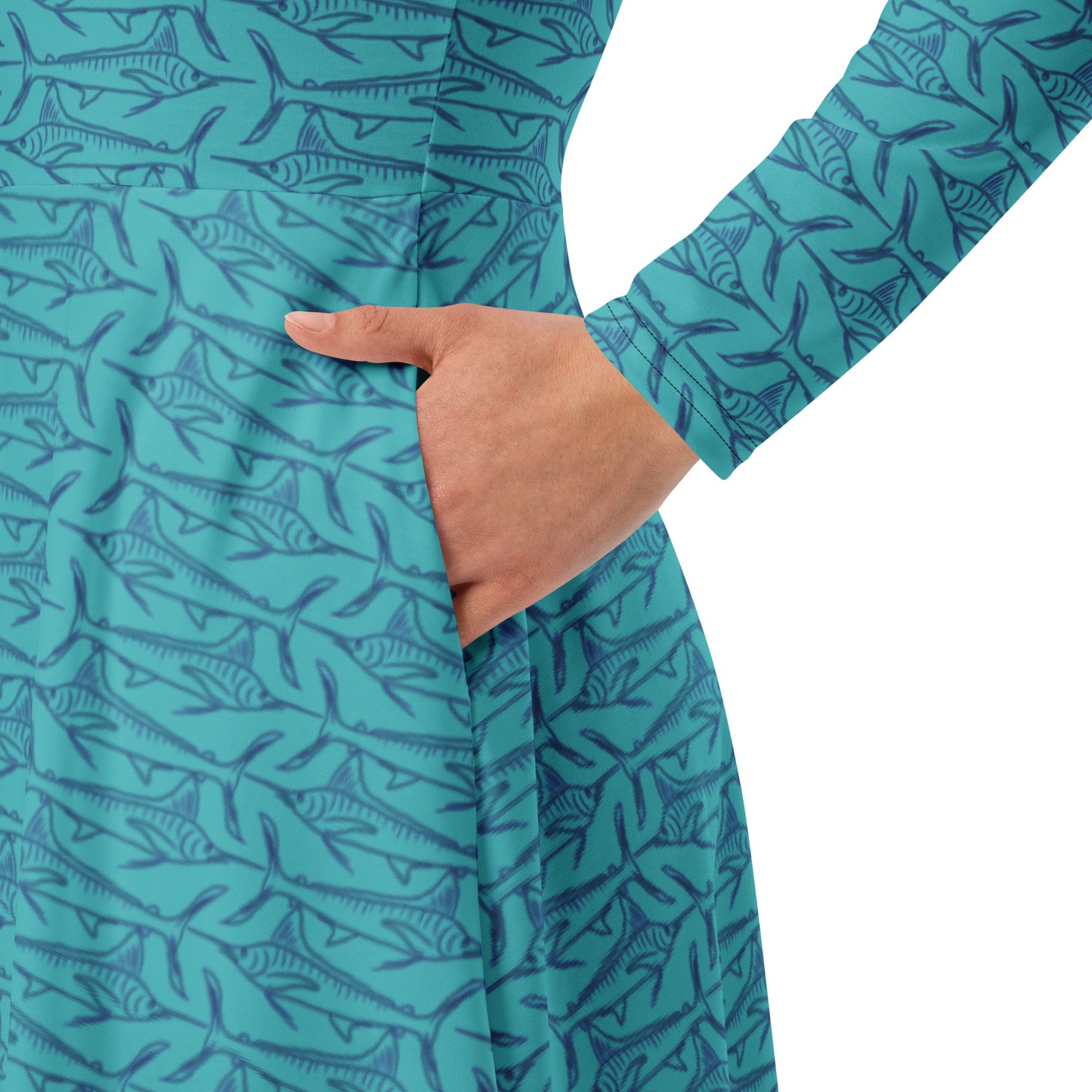 Navy Marlin Sketch All-over print long sleeve midi dress