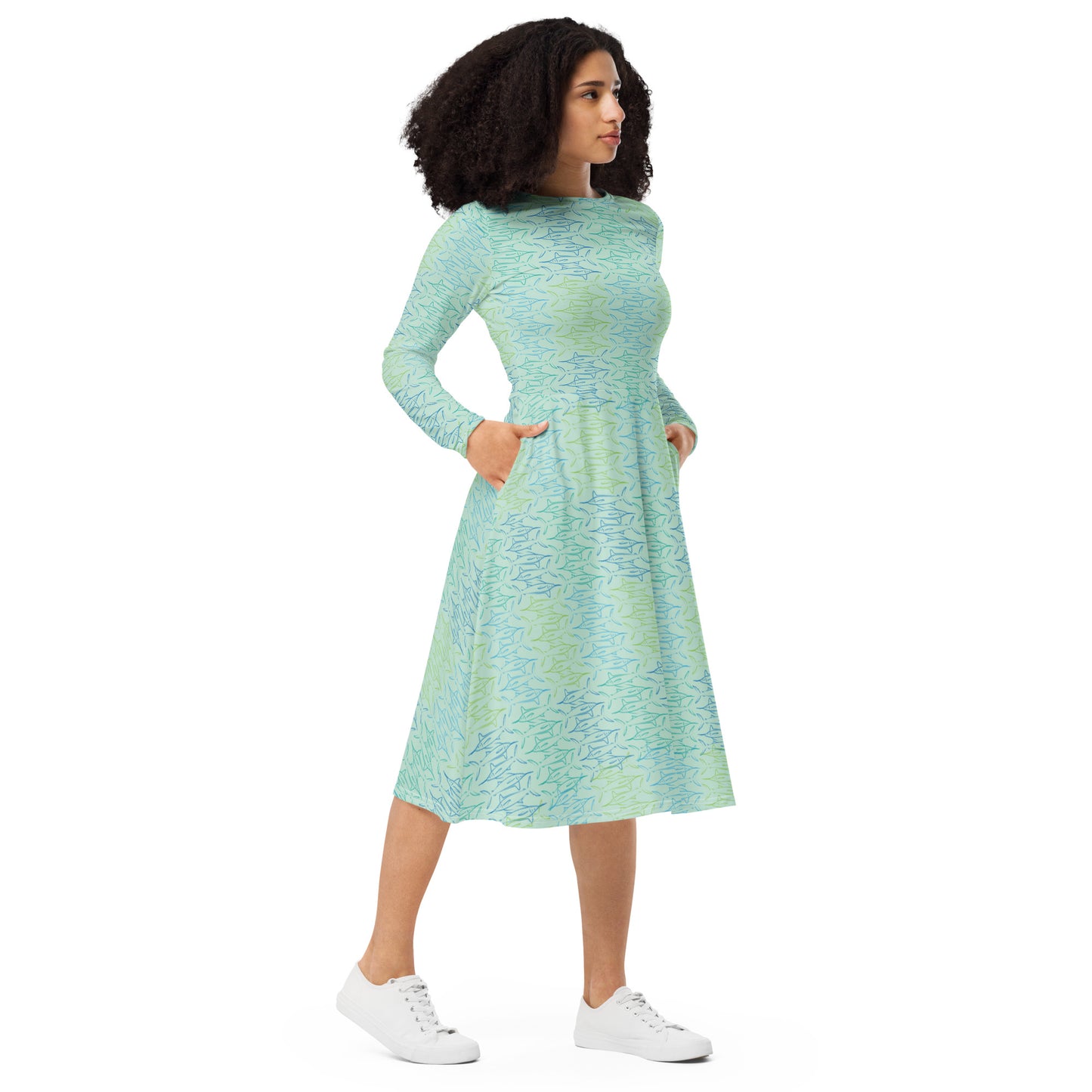Marlin block All-over print long sleeve midi dress
