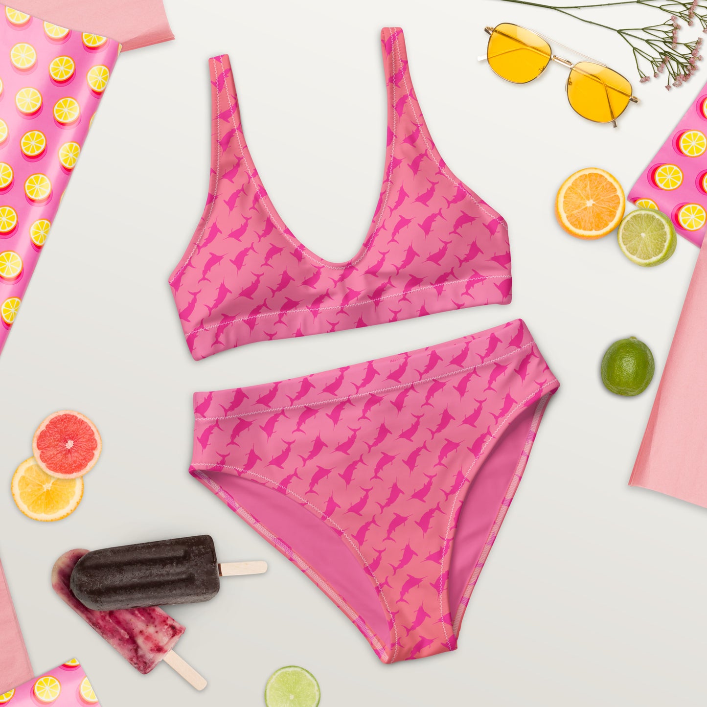 Sunset Ombré Pink Marlin Scatter Recycled high-waisted bikini