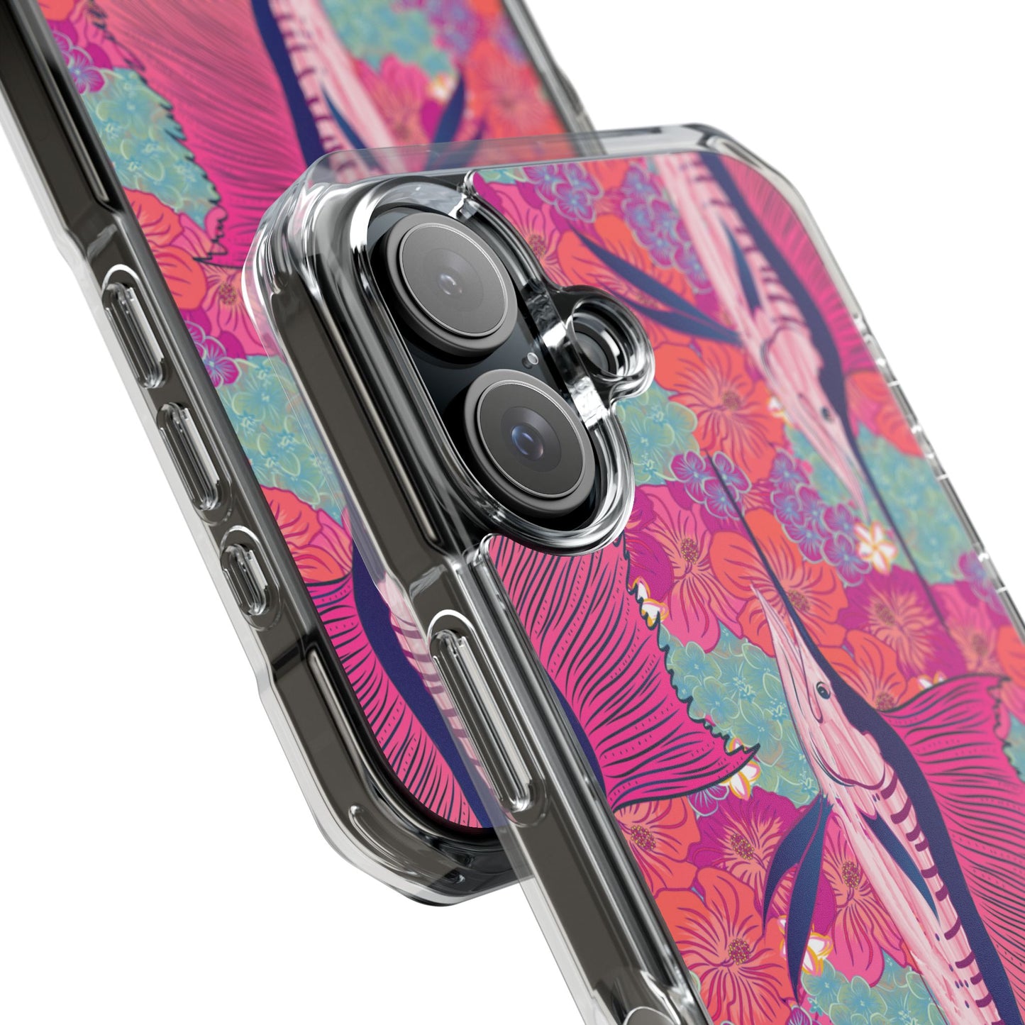 Watercolor pink sailfish over hibiscus Magnetic Clear Impact Cases