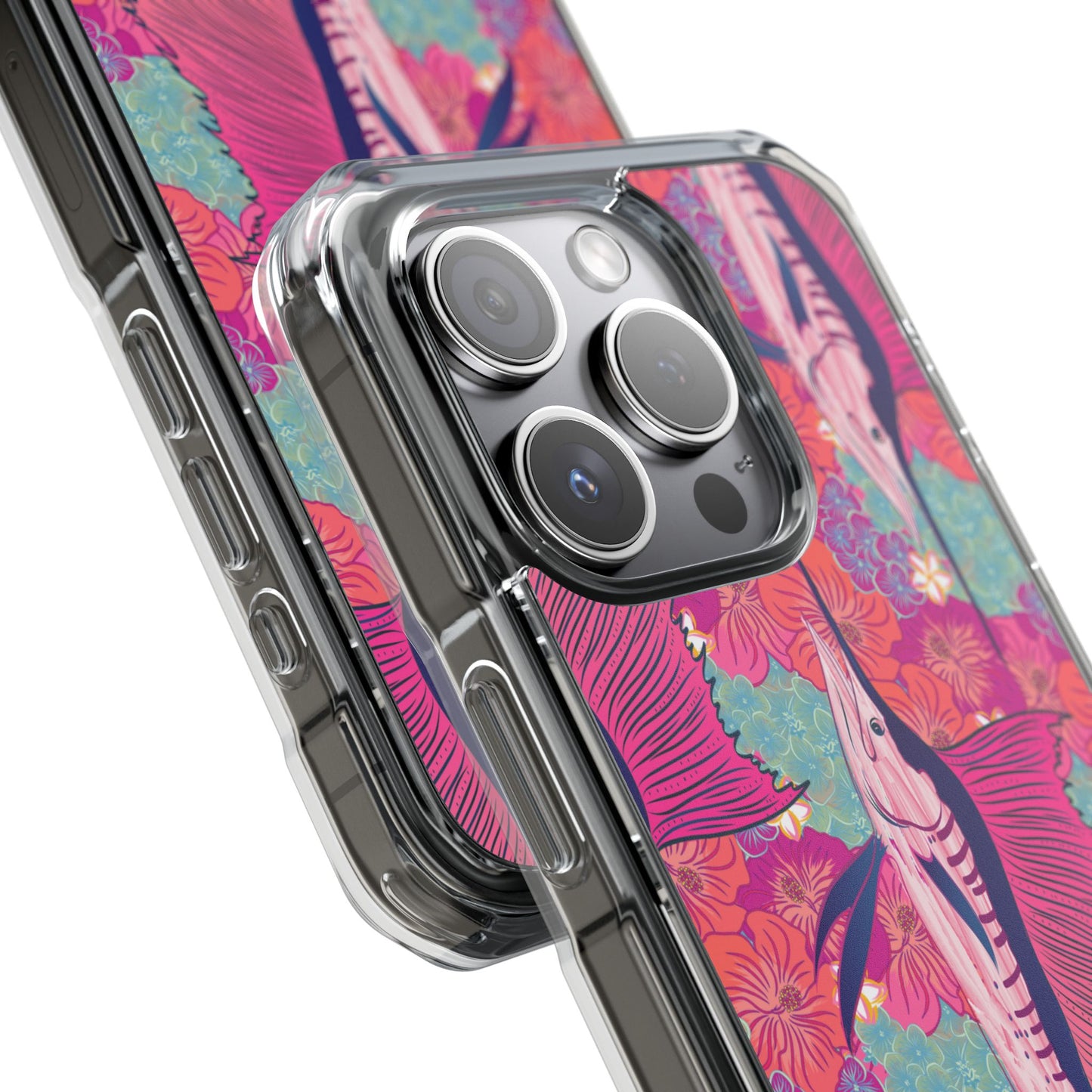 Watercolor pink sailfish over hibiscus Magnetic Clear Impact Cases