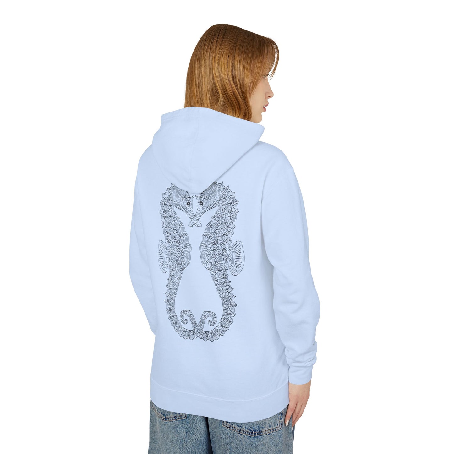 Seaside Seahorse Hoodie — Intricate Nautical Graphic Lightweight Hoodie