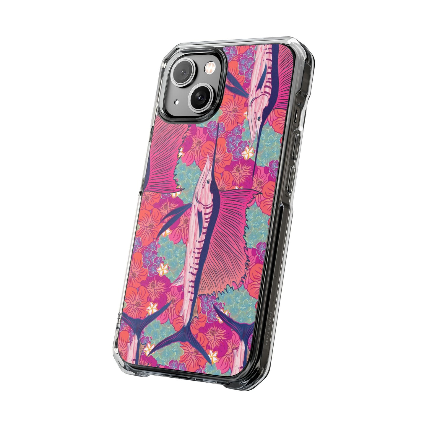 Watercolor pink sailfish over hibiscus Magnetic Clear Impact Cases