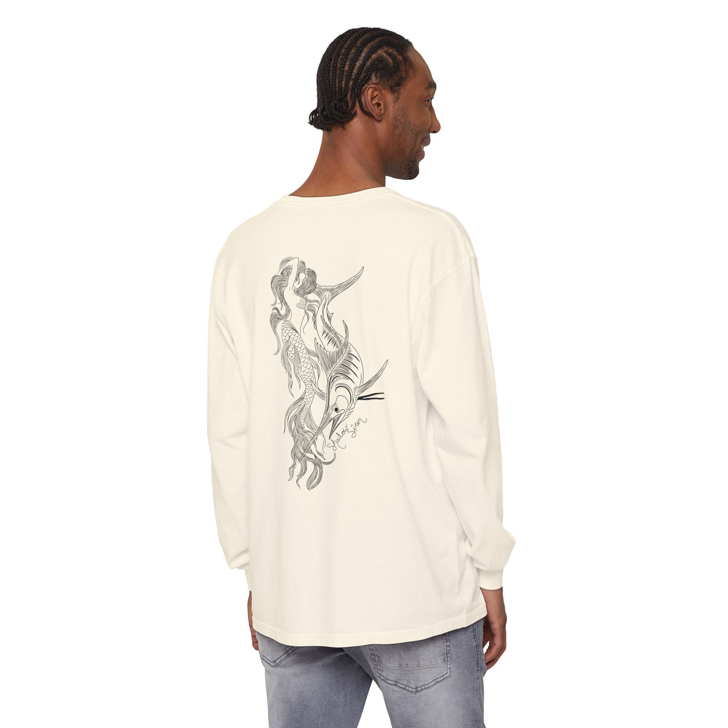 Symbiosis Mermaid & Marlin Long Sleeve Tee — "Endless Ocean" Garment-Dyed Shirt