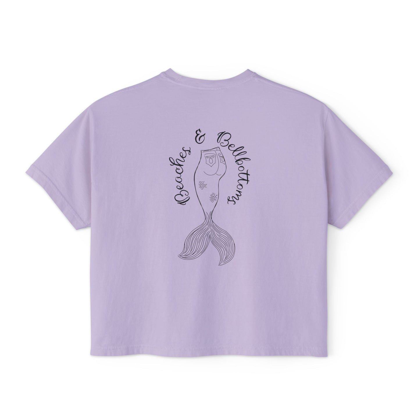 Beaches & Bellbottoms Boxy Tee — Women's Relaxed Crop T‑Shirt with Palm & Mermaid Art