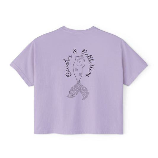 Beaches & Bellbottoms Boxy Tee — Women's Relaxed Crop T‑Shirt with Palm & Mermaid Art