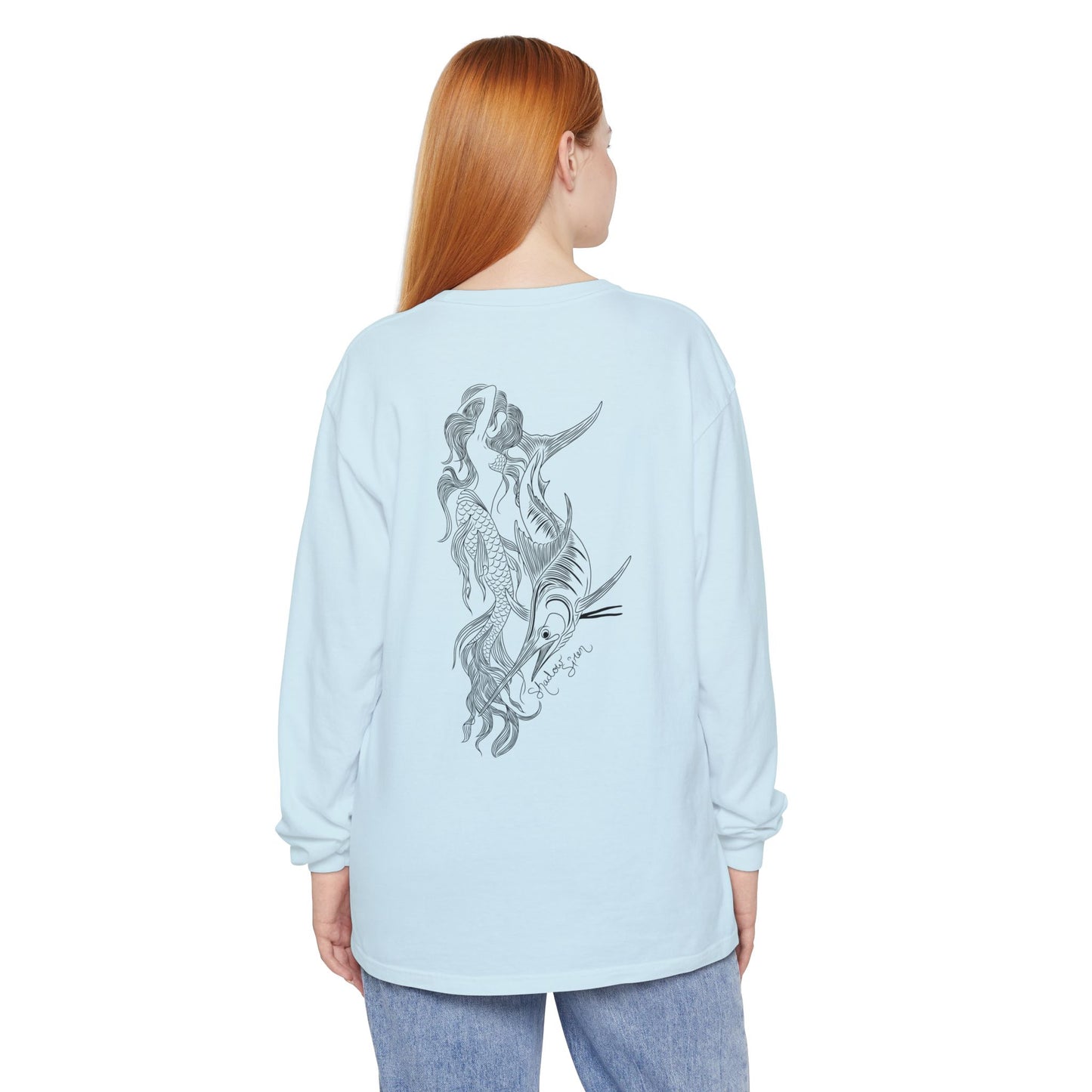 Symbiosis Mermaid & Marlin Long Sleeve Tee — "Endless Ocean" Garment-Dyed Shirt