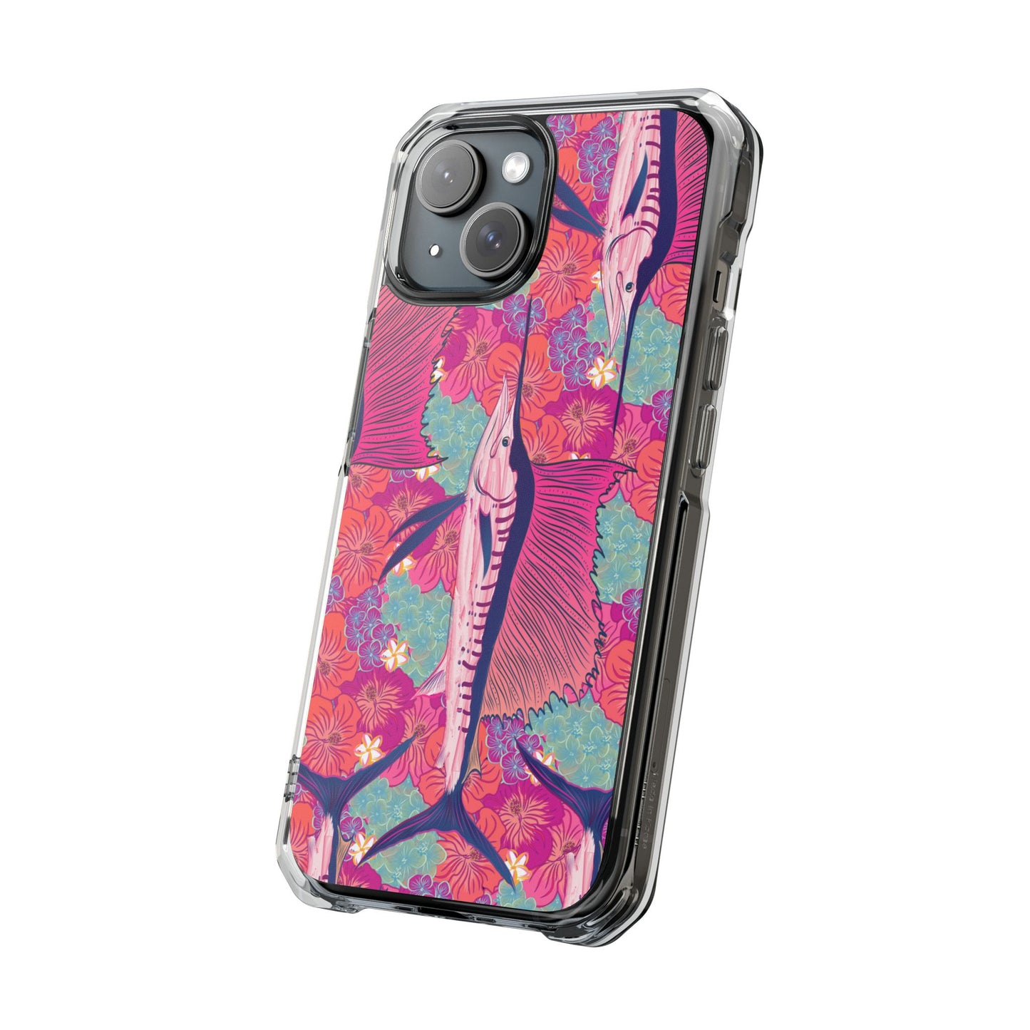 Watercolor pink sailfish over hibiscus Magnetic Clear Impact Cases