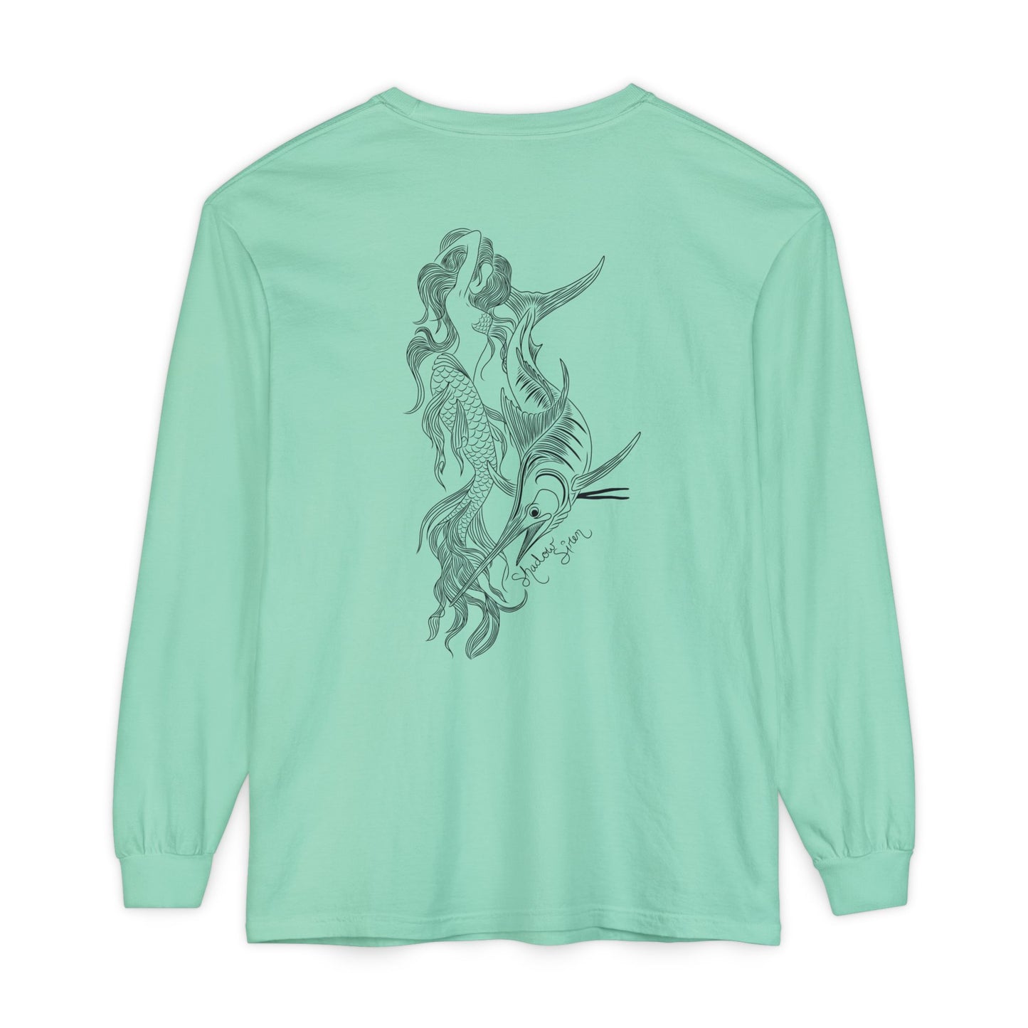 Symbiosis Mermaid & Marlin Long Sleeve Tee — "Endless Ocean" Garment-Dyed Shirt