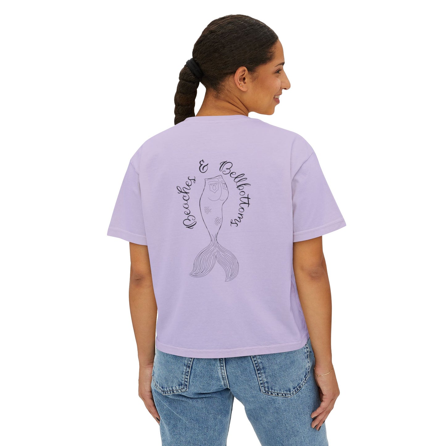 Beaches & Bellbottoms Boxy Tee — Women's Relaxed Crop T‑Shirt with Palm & Mermaid Art