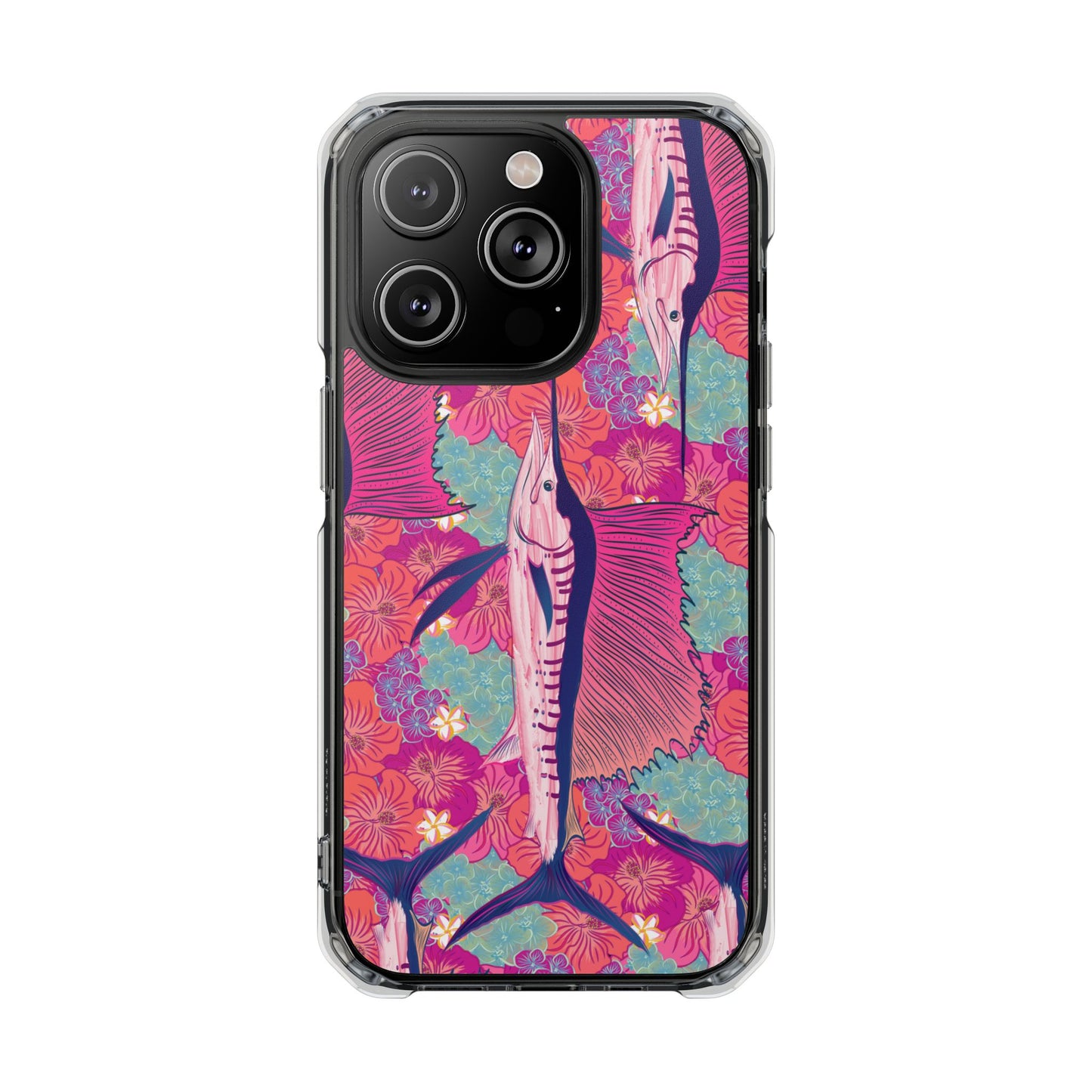 Watercolor pink sailfish over hibiscus Magnetic Clear Impact Cases