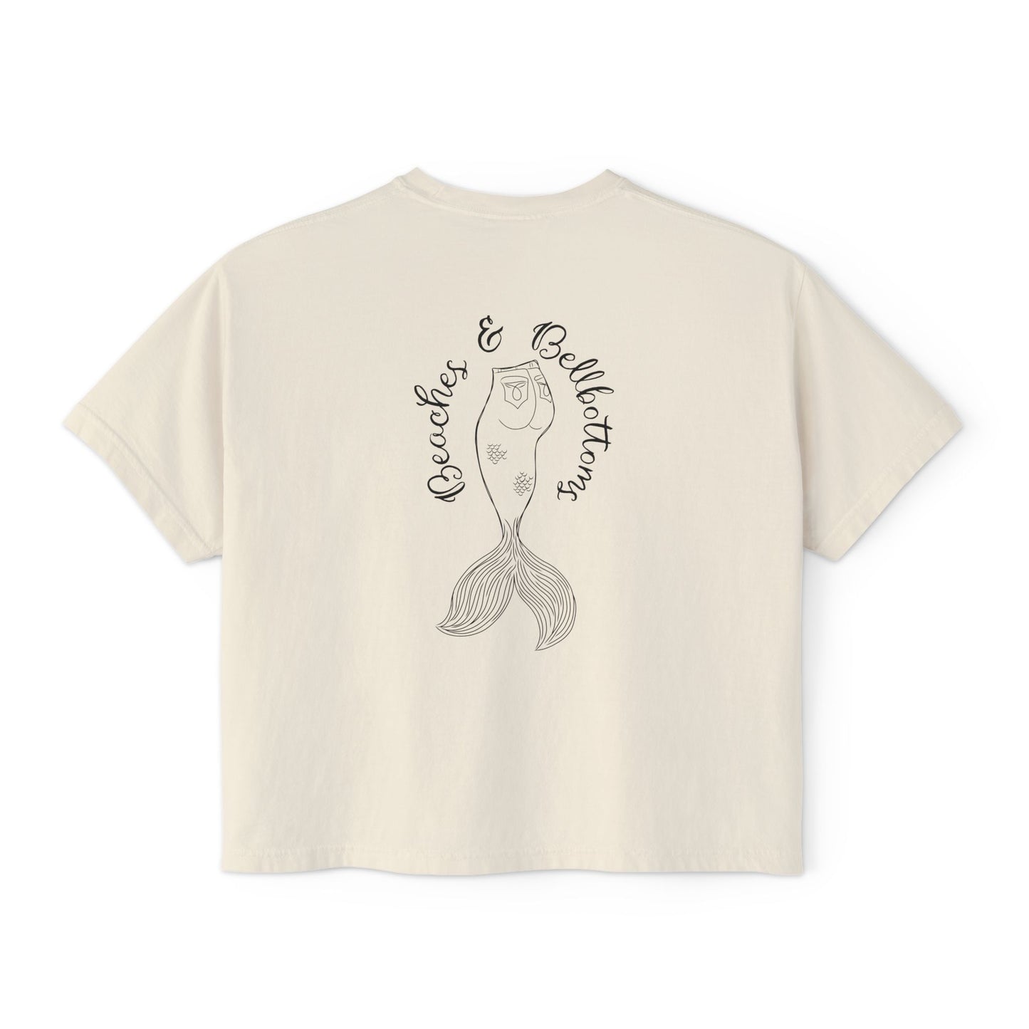 Beaches & Bellbottoms Boxy Tee — Women's Relaxed Crop T‑Shirt with Palm & Mermaid Art