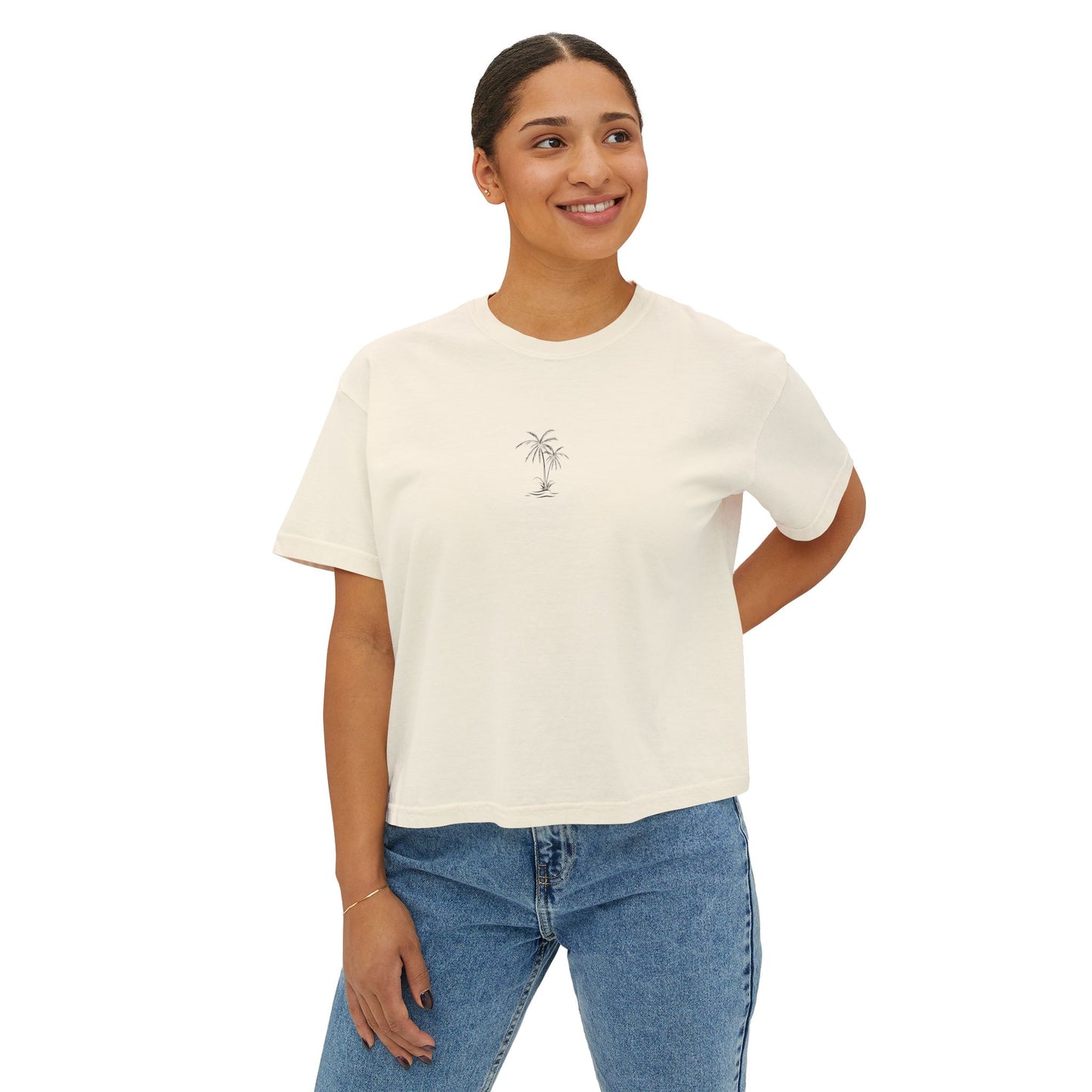 Beaches & Bellbottoms Boxy Tee — Women's Relaxed Crop T‑Shirt with Palm & Mermaid Art