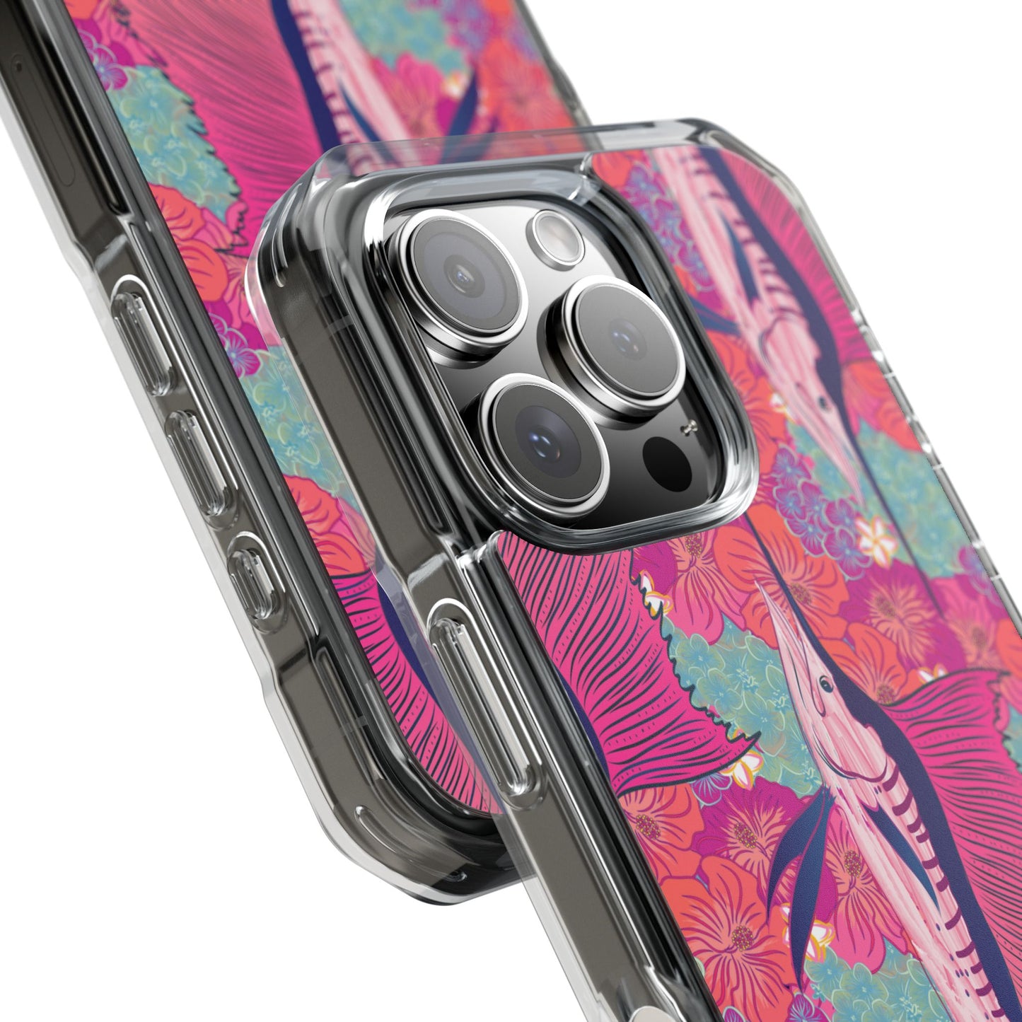 Watercolor pink sailfish over hibiscus Magnetic Clear Impact Cases