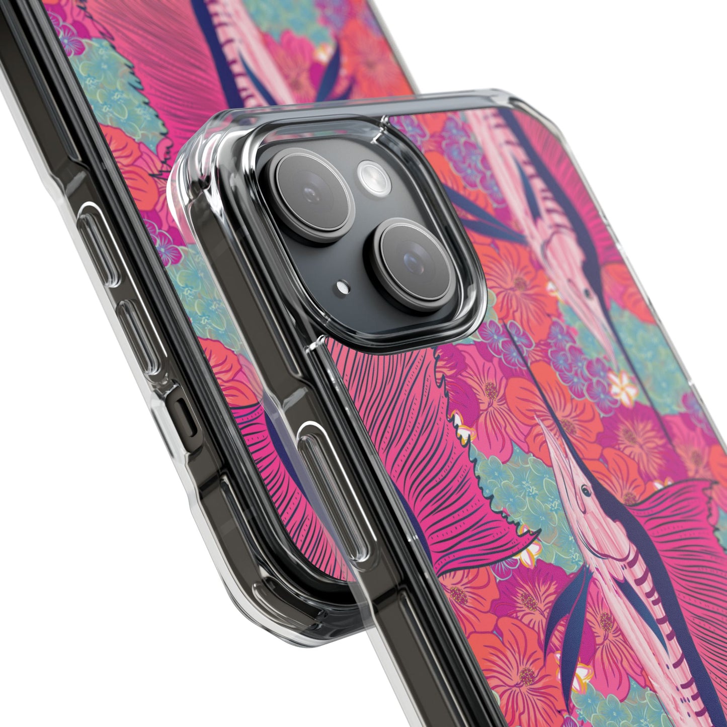 Watercolor pink sailfish over hibiscus Magnetic Clear Impact Cases