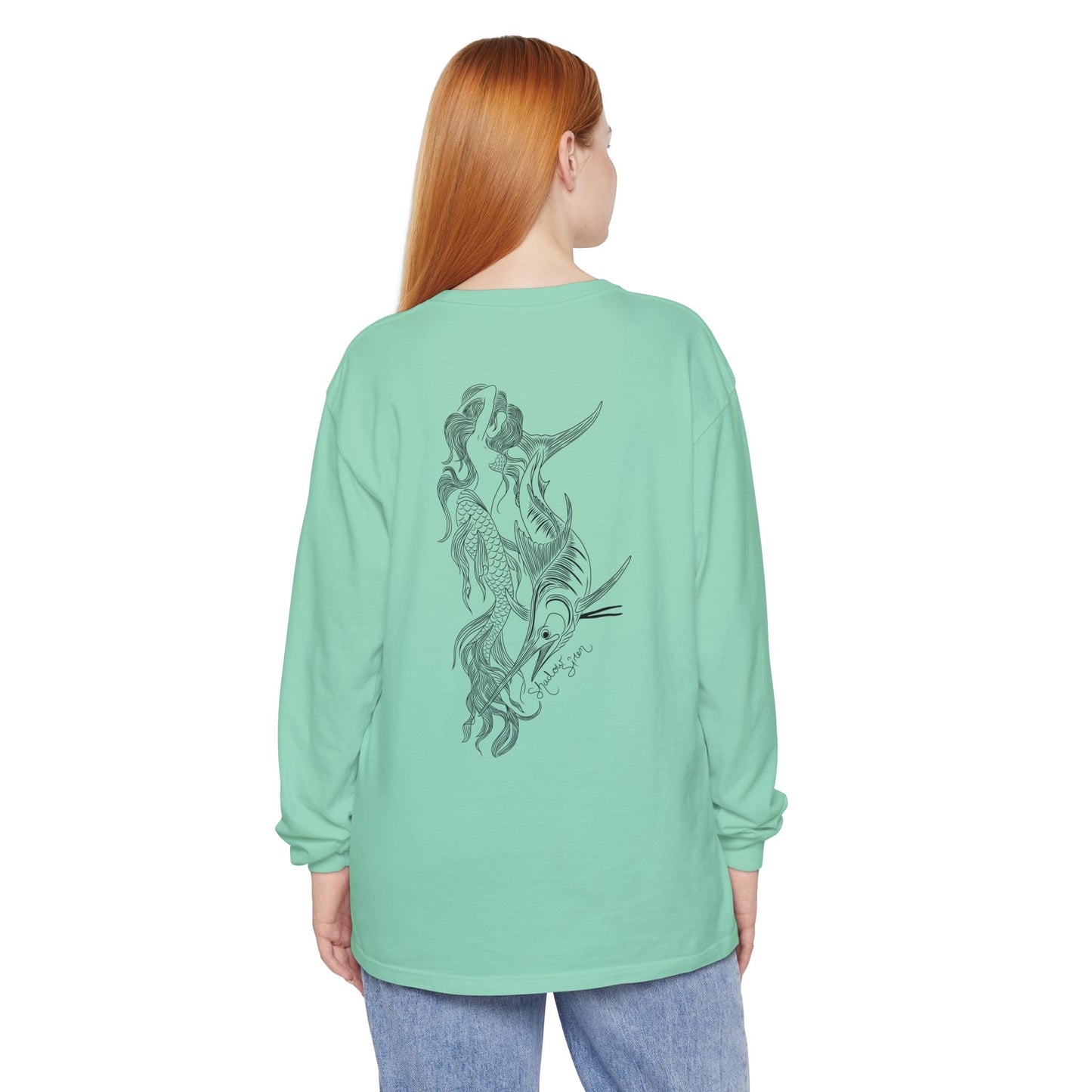 Symbiosis Mermaid & Marlin Long Sleeve Tee — "Endless Ocean" Garment-Dyed Shirt