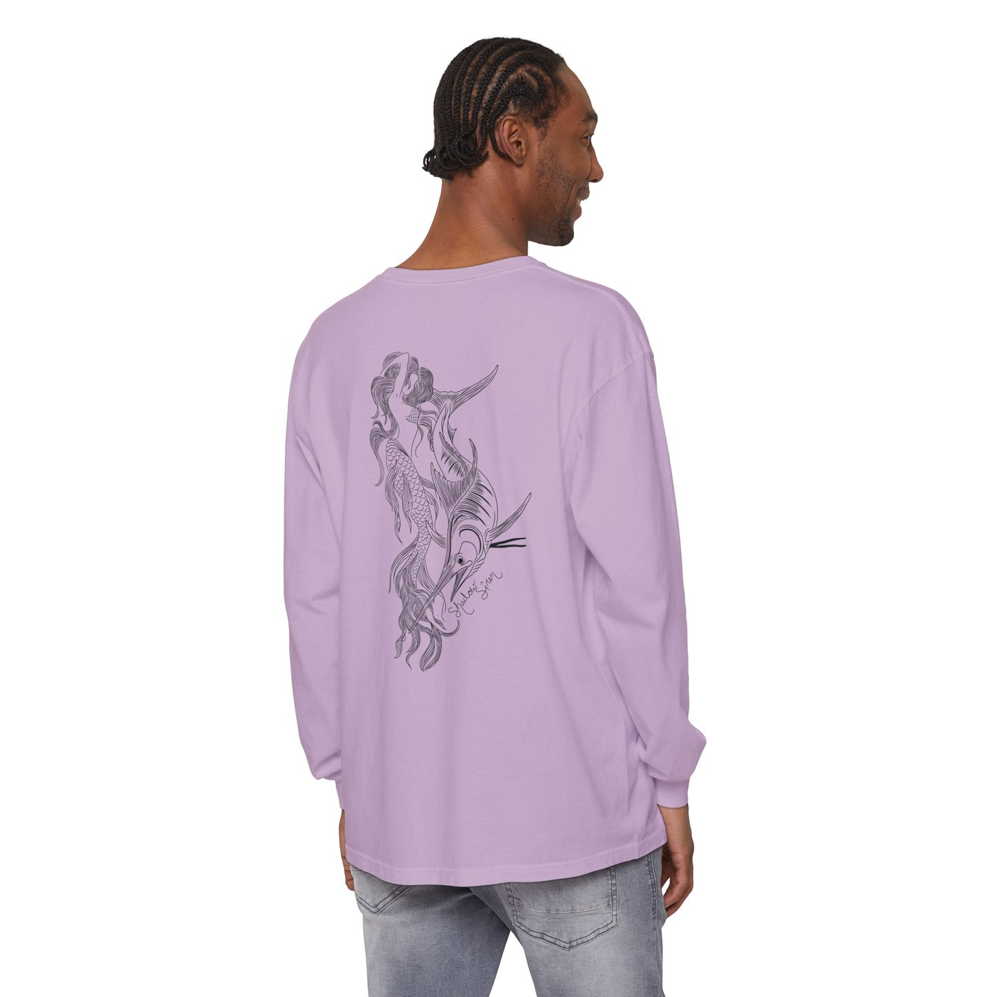 Symbiosis Mermaid & Marlin Long Sleeve Tee — "Endless Ocean" Garment-Dyed Shirt