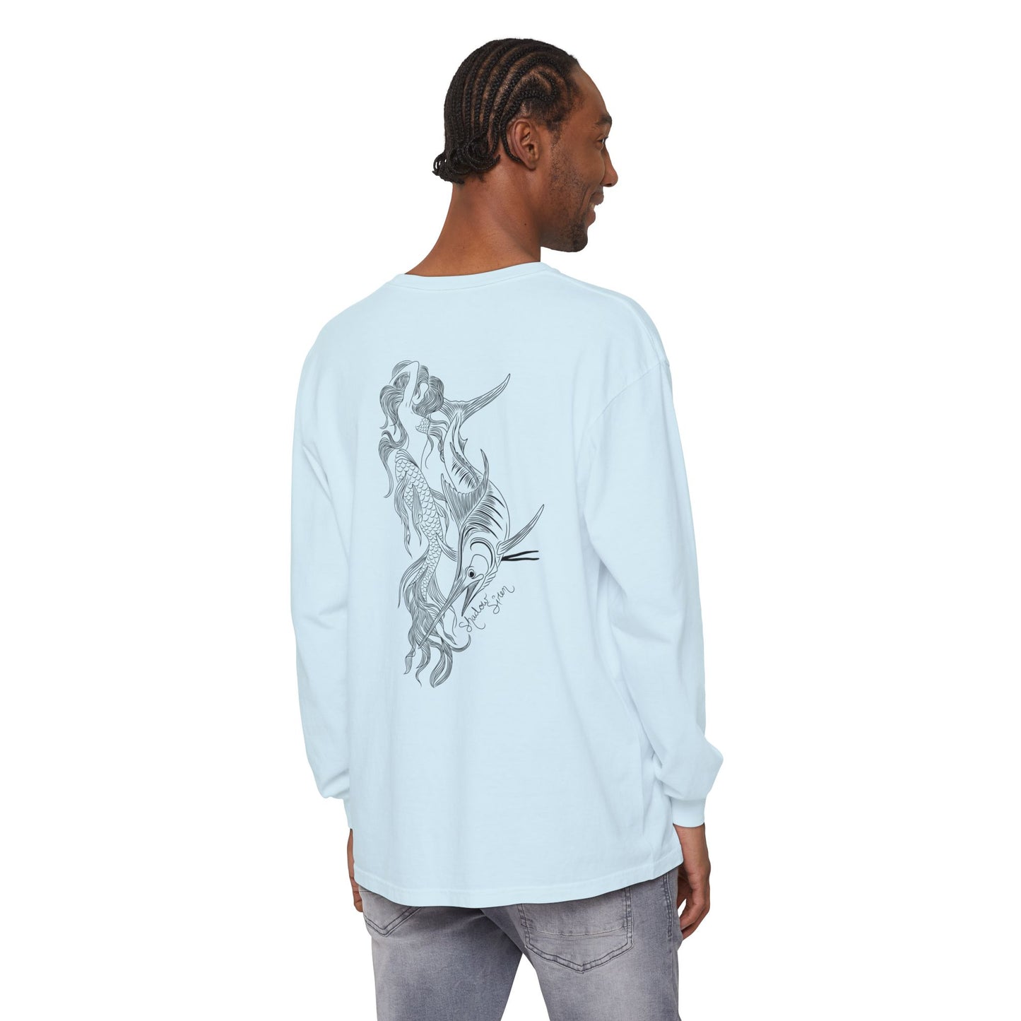 Symbiosis Mermaid & Marlin Long Sleeve Tee — "Endless Ocean" Garment-Dyed Shirt