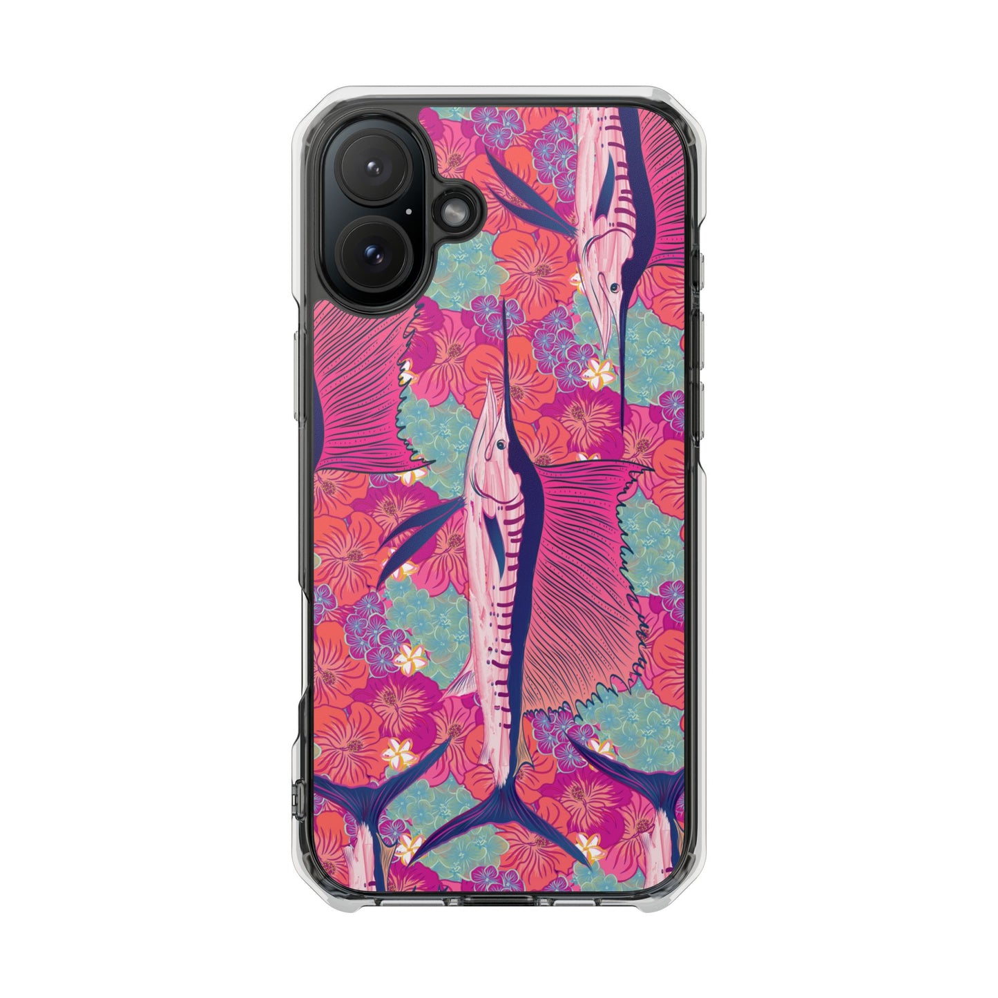 Watercolor pink sailfish over hibiscus Magnetic Clear Impact Cases