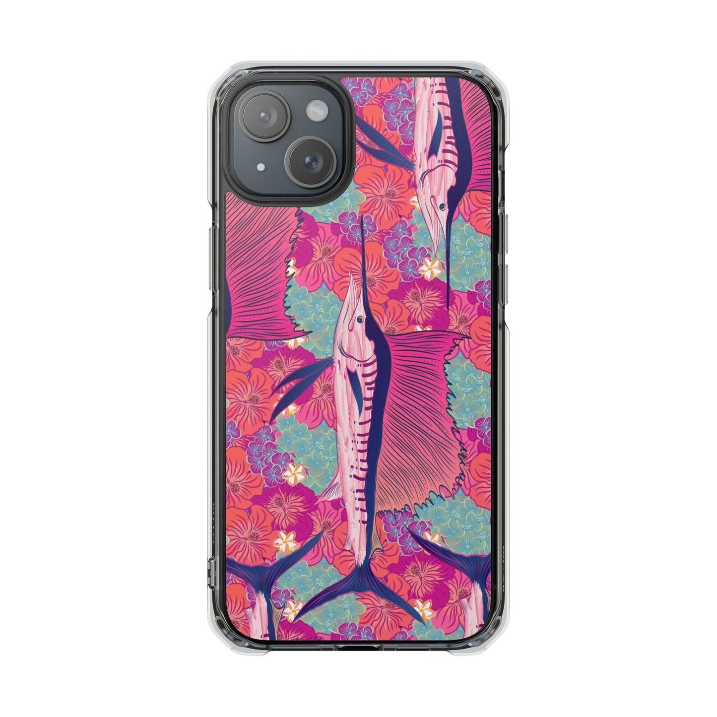 Watercolor pink sailfish over hibiscus Magnetic Clear Impact Cases