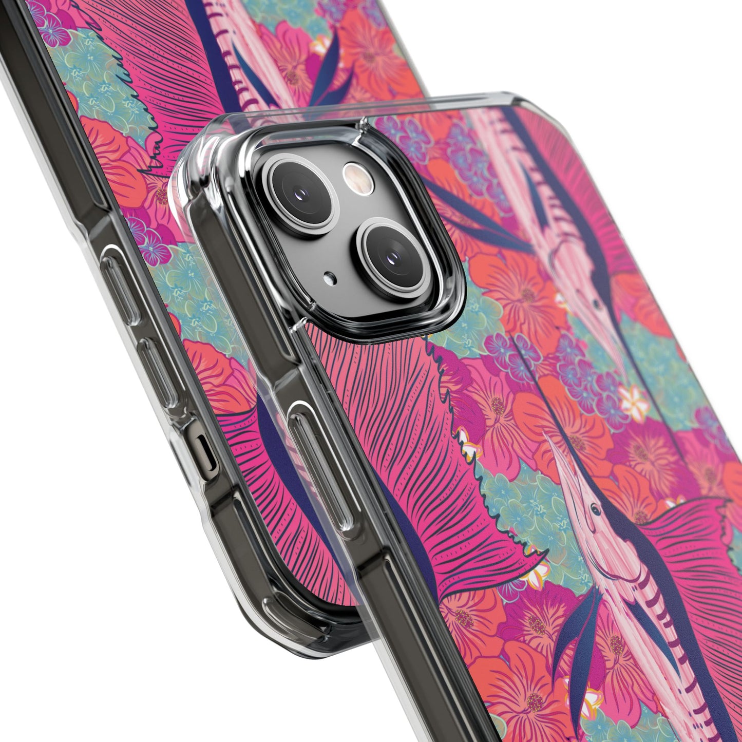 Watercolor pink sailfish over hibiscus Magnetic Clear Impact Cases