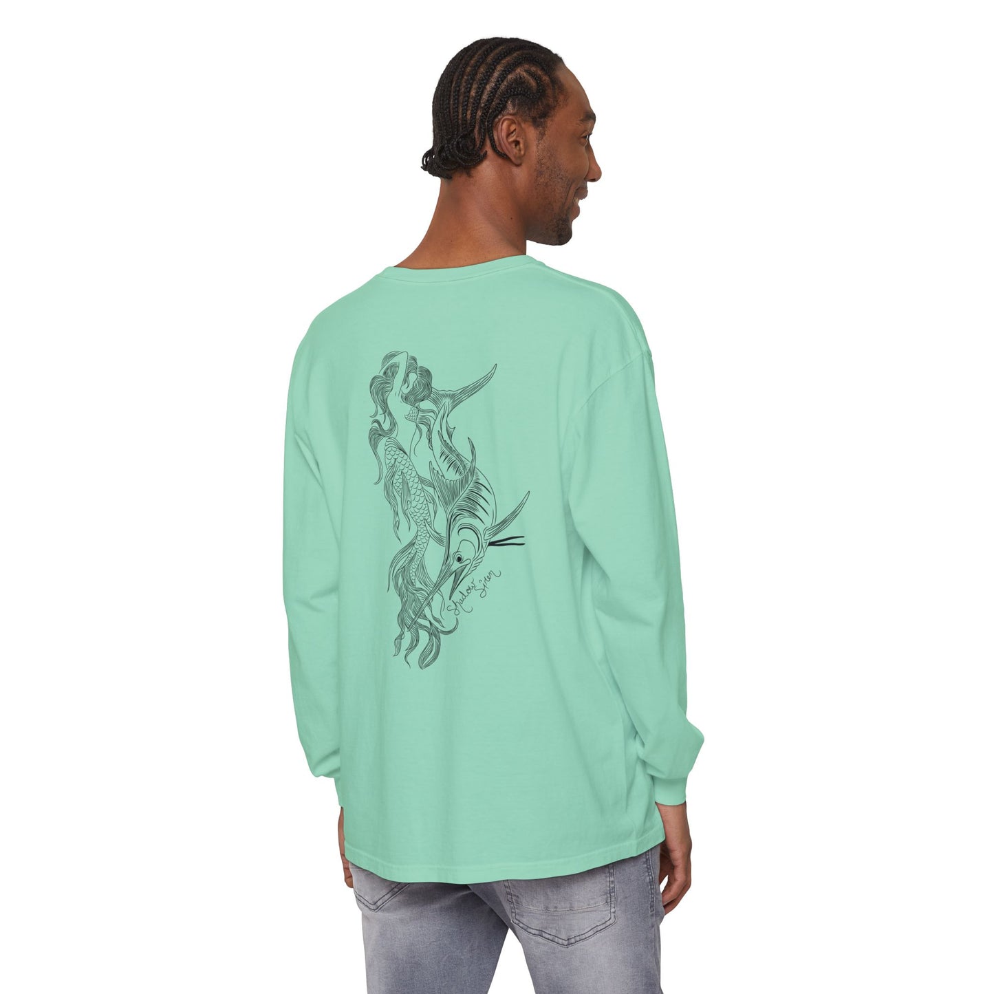 Symbiosis Mermaid & Marlin Long Sleeve Tee — "Endless Ocean" Garment-Dyed Shirt