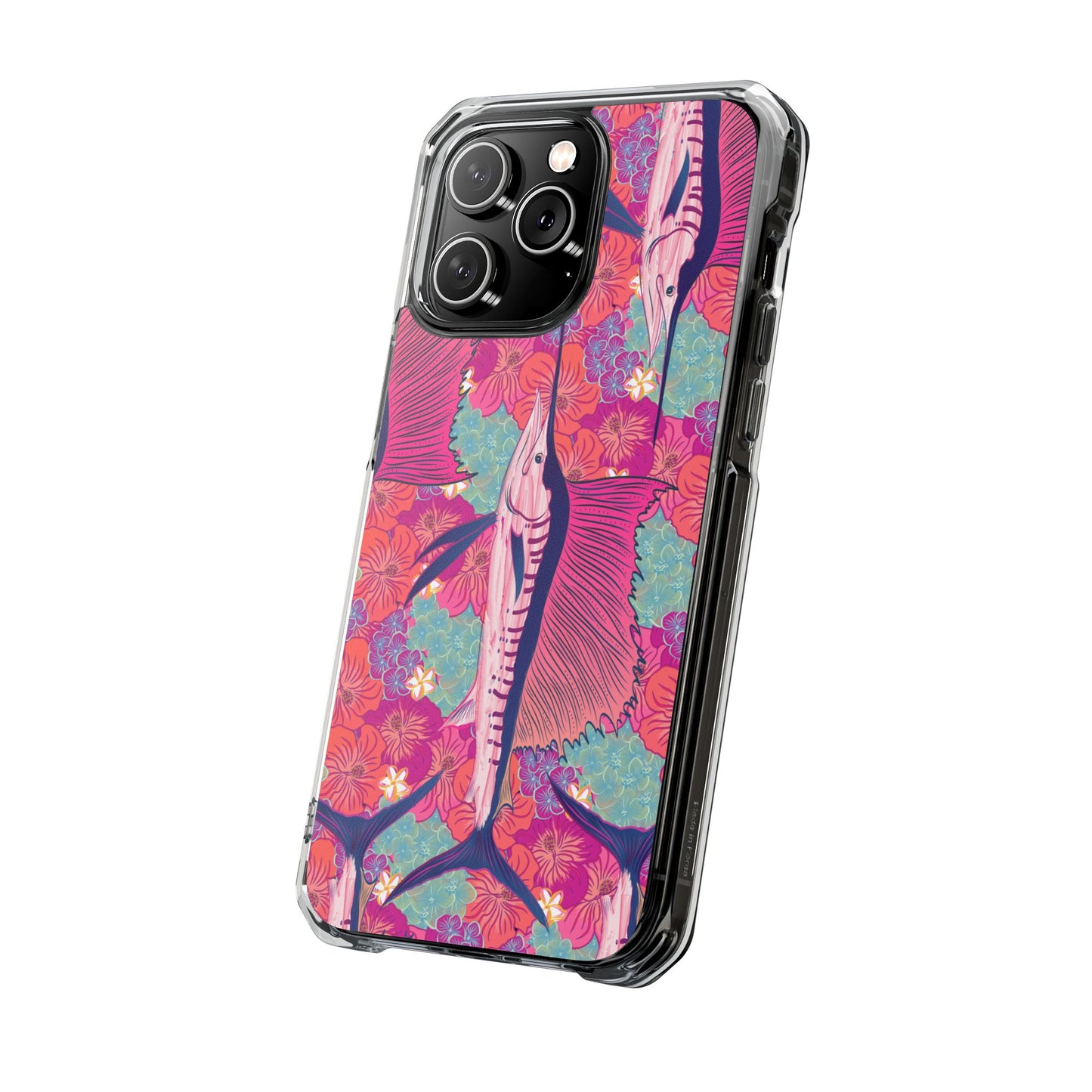 Watercolor pink sailfish over hibiscus Magnetic Clear Impact Cases