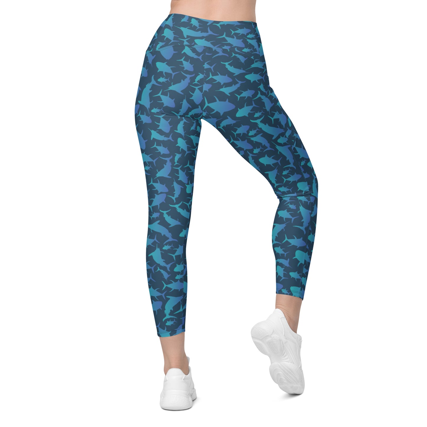 Marlin Tuna Scatter blue ombré over navy Crossover leggings with pockets