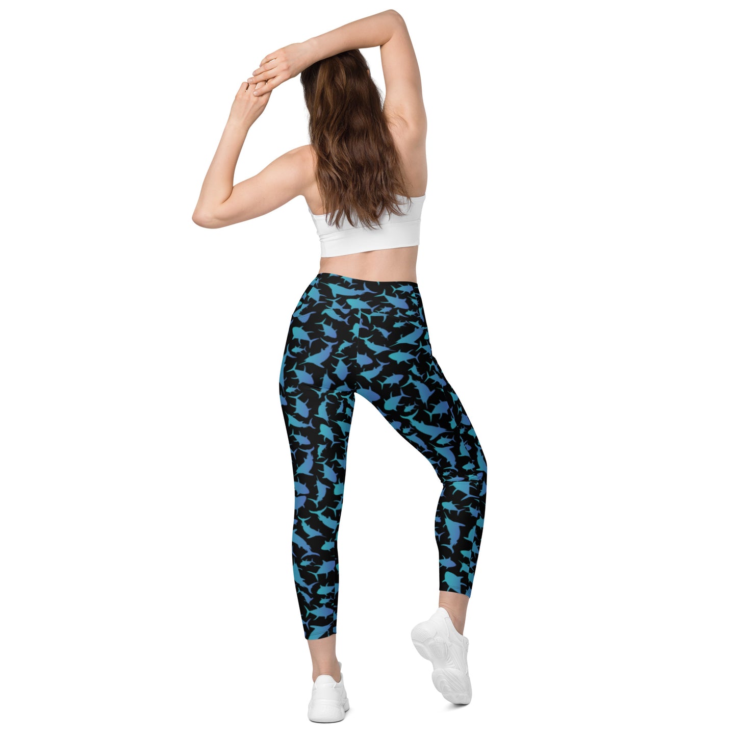 Marlin Tuna Scatter Teal over Black Crossover leggings with pockets