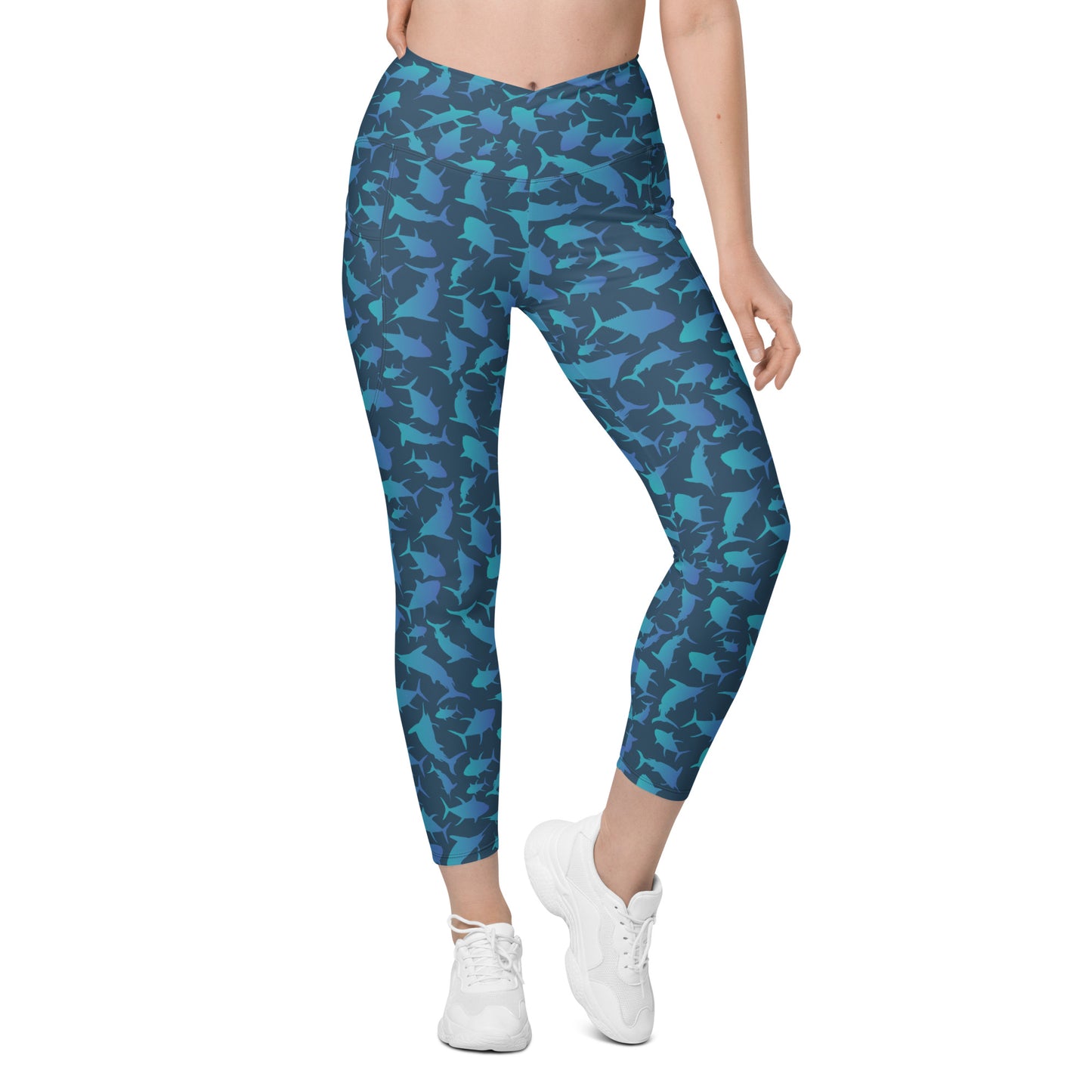 Marlin Tuna Scatter blue ombré over navy Crossover leggings with pockets