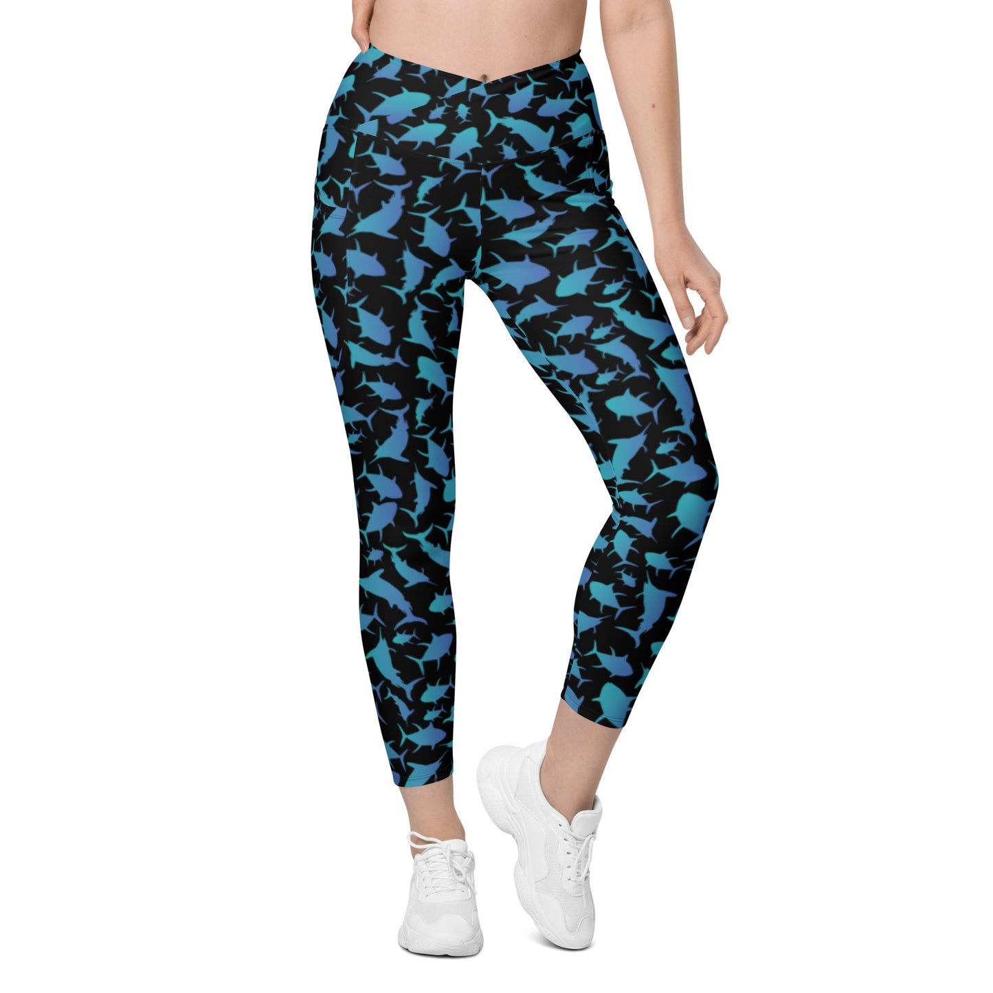 Marlin Tuna Scatter Teal over Black Crossover leggings with pockets