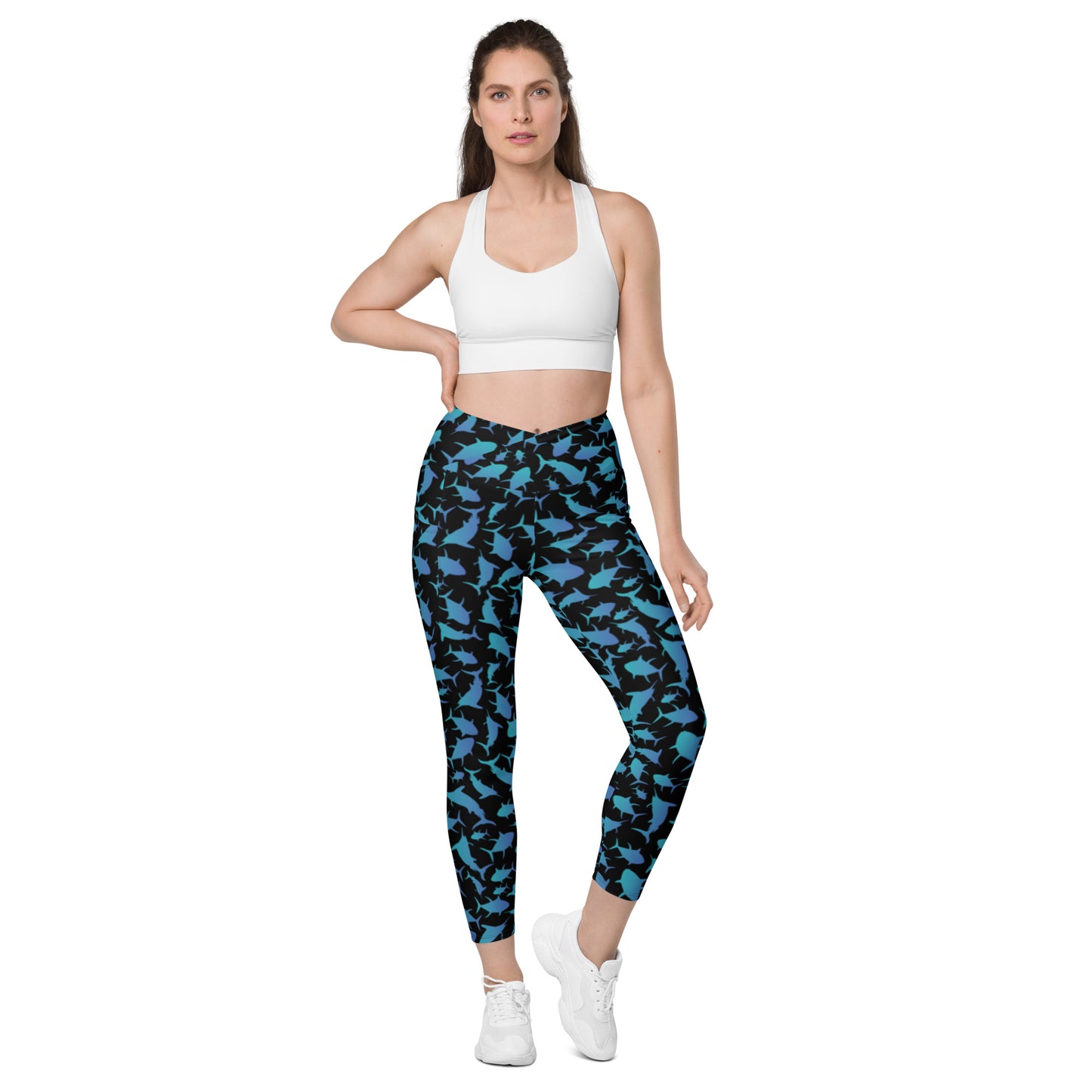 Marlin Tuna Scatter Teal over Black Crossover leggings with pockets