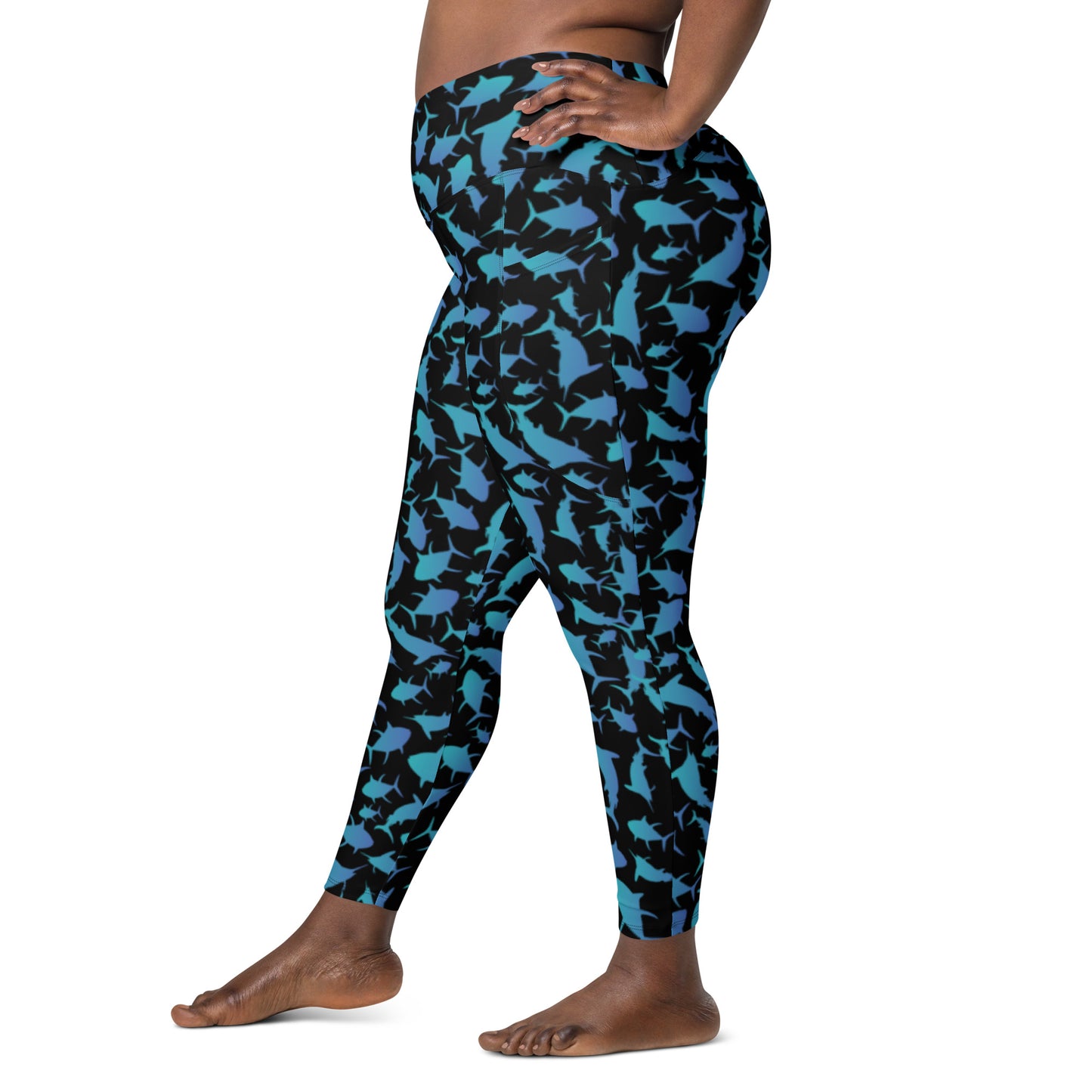 Marlin Tuna Scatter Teal over Black Crossover leggings with pockets