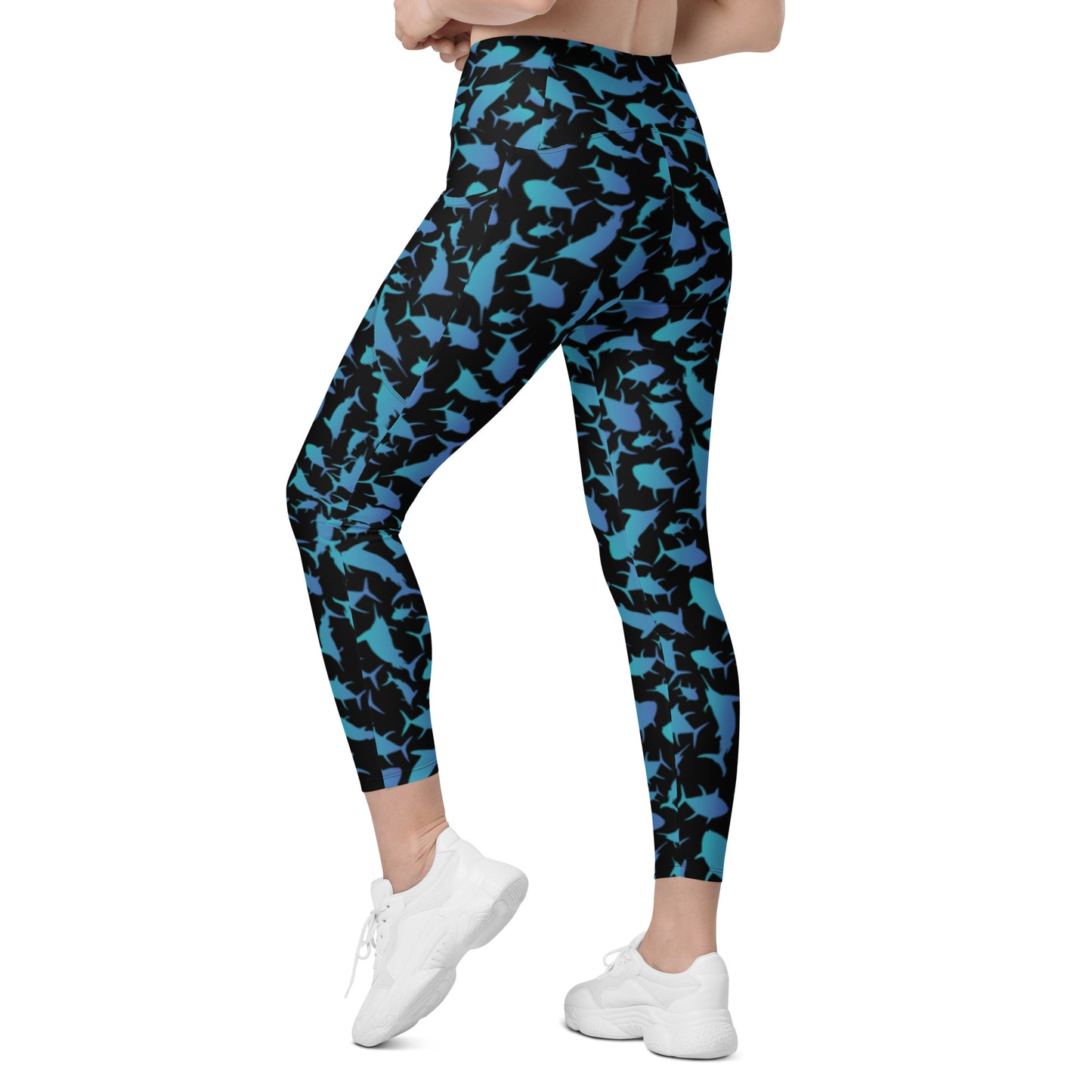 Marlin Tuna Scatter Teal over Black Crossover leggings with pockets