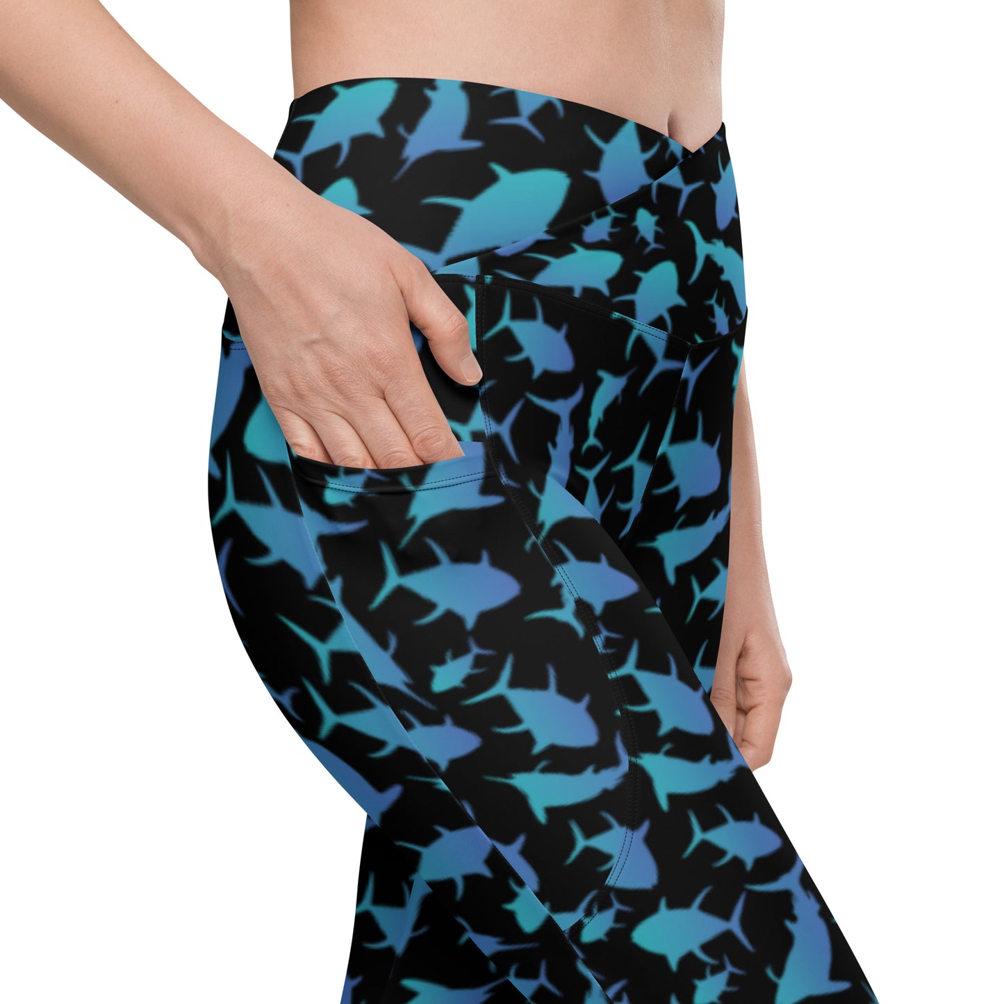 Marlin Tuna Scatter Teal over Black Crossover leggings with pockets