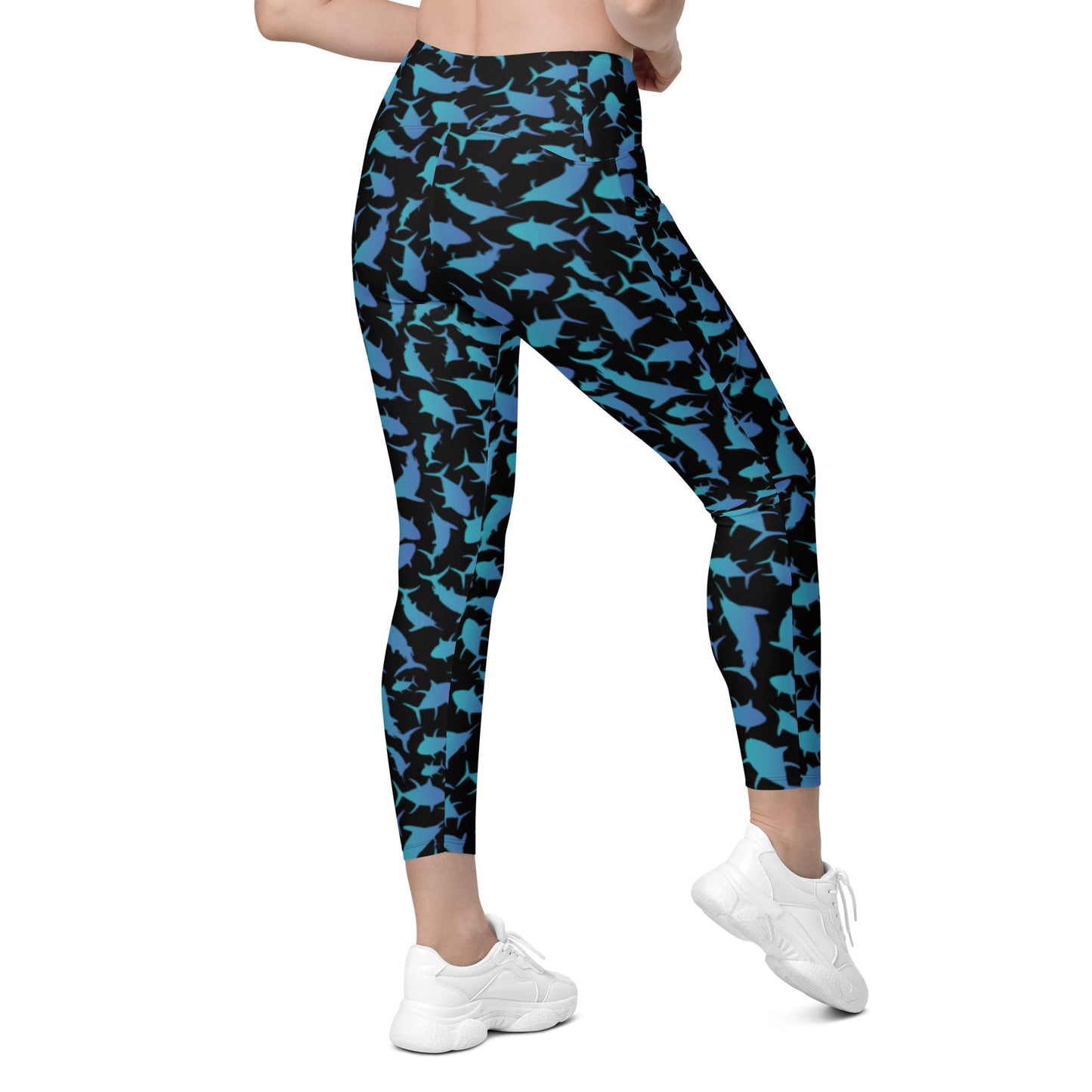 Marlin Tuna Scatter Teal over Black Crossover leggings with pockets