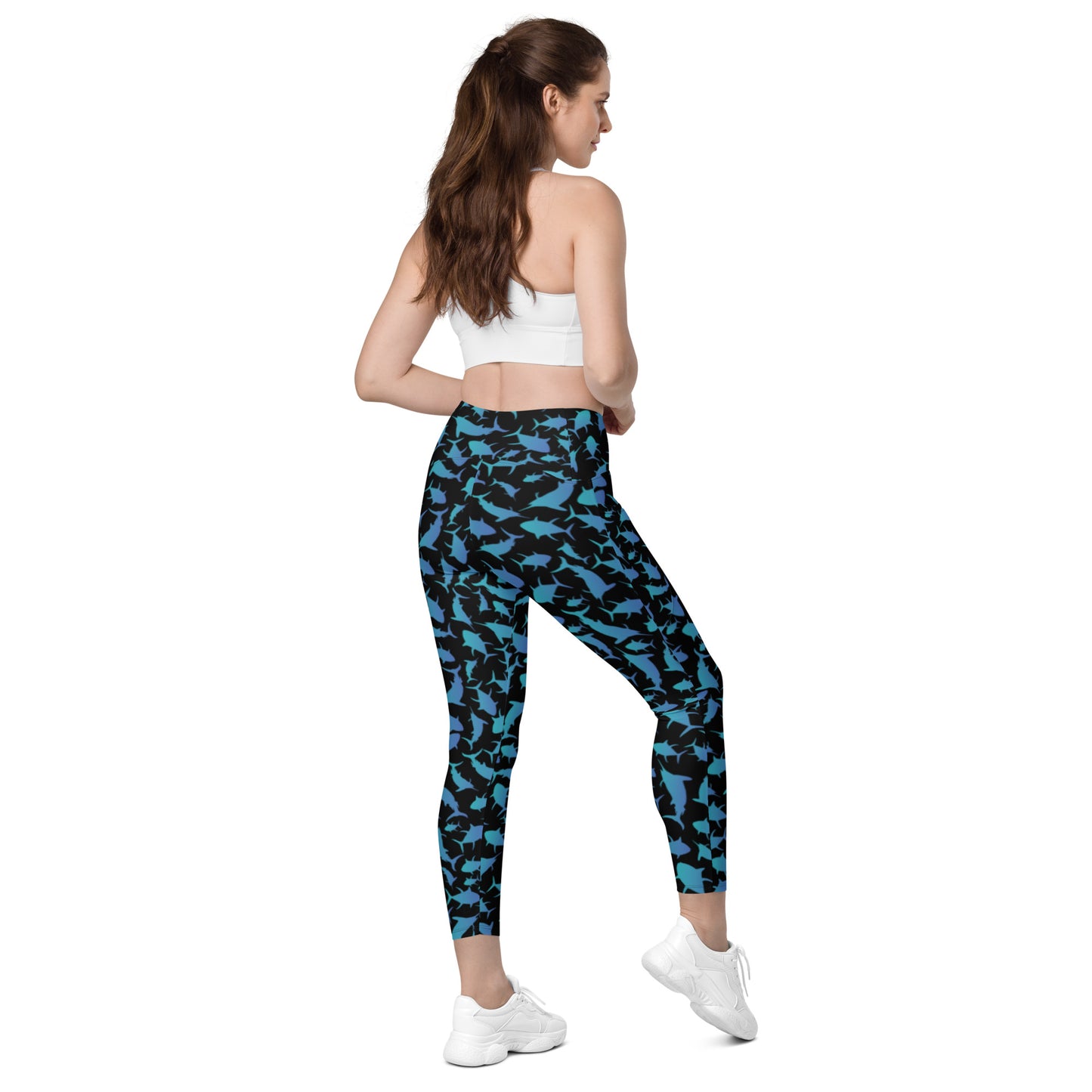 Marlin Tuna Scatter Teal over Black Crossover leggings with pockets