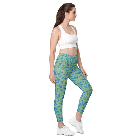 Marlin Tuna Scatter blue over green Crossover leggings with pockets