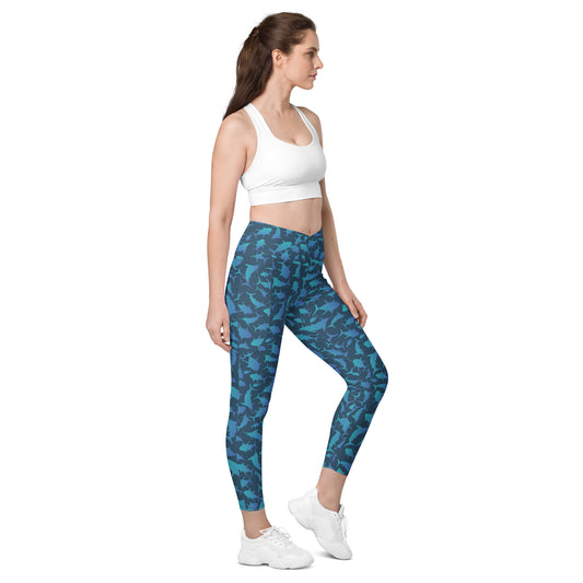 Marlin Tuna Scatter blue ombré over navy Crossover leggings with pockets