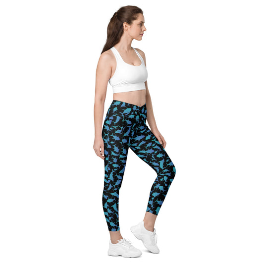 Marlin Tuna Scatter Teal over Black Crossover leggings with pockets