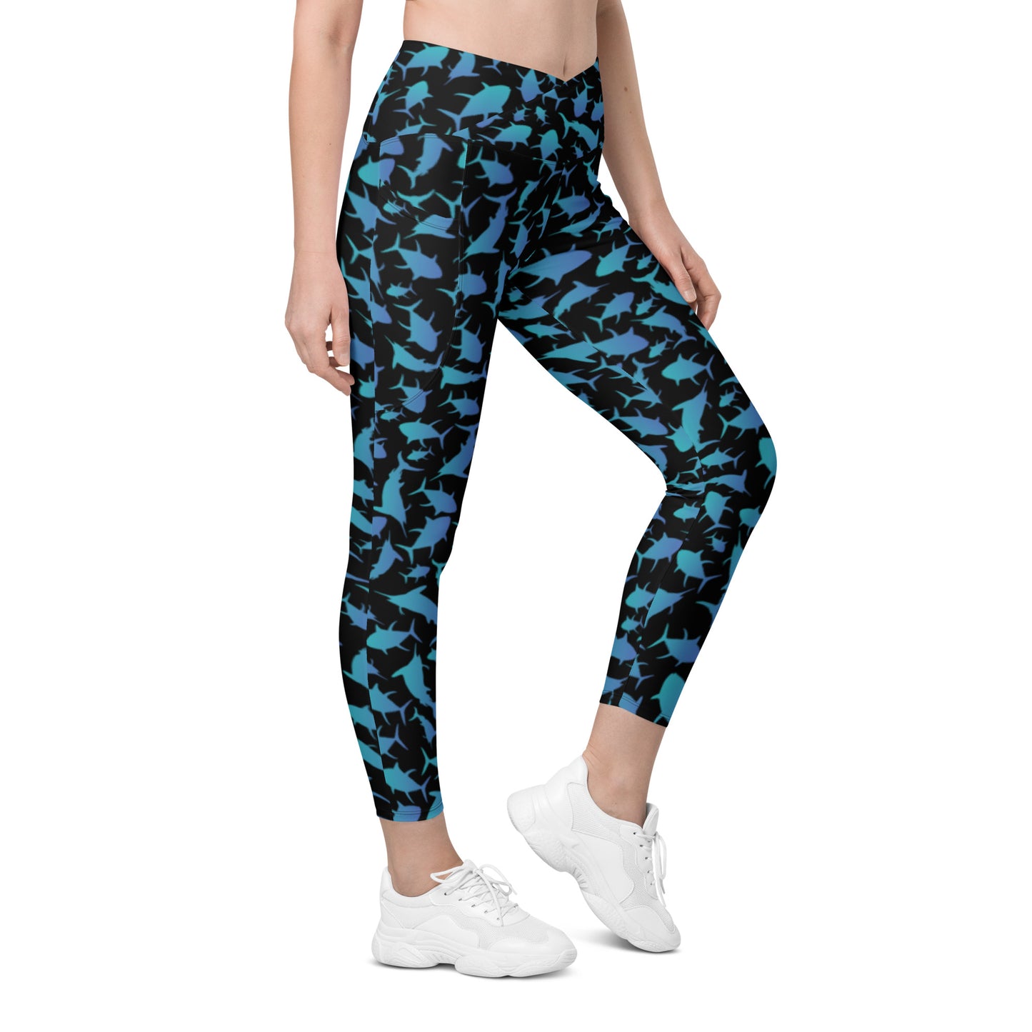 Marlin Tuna Scatter Teal over Black Crossover leggings with pockets