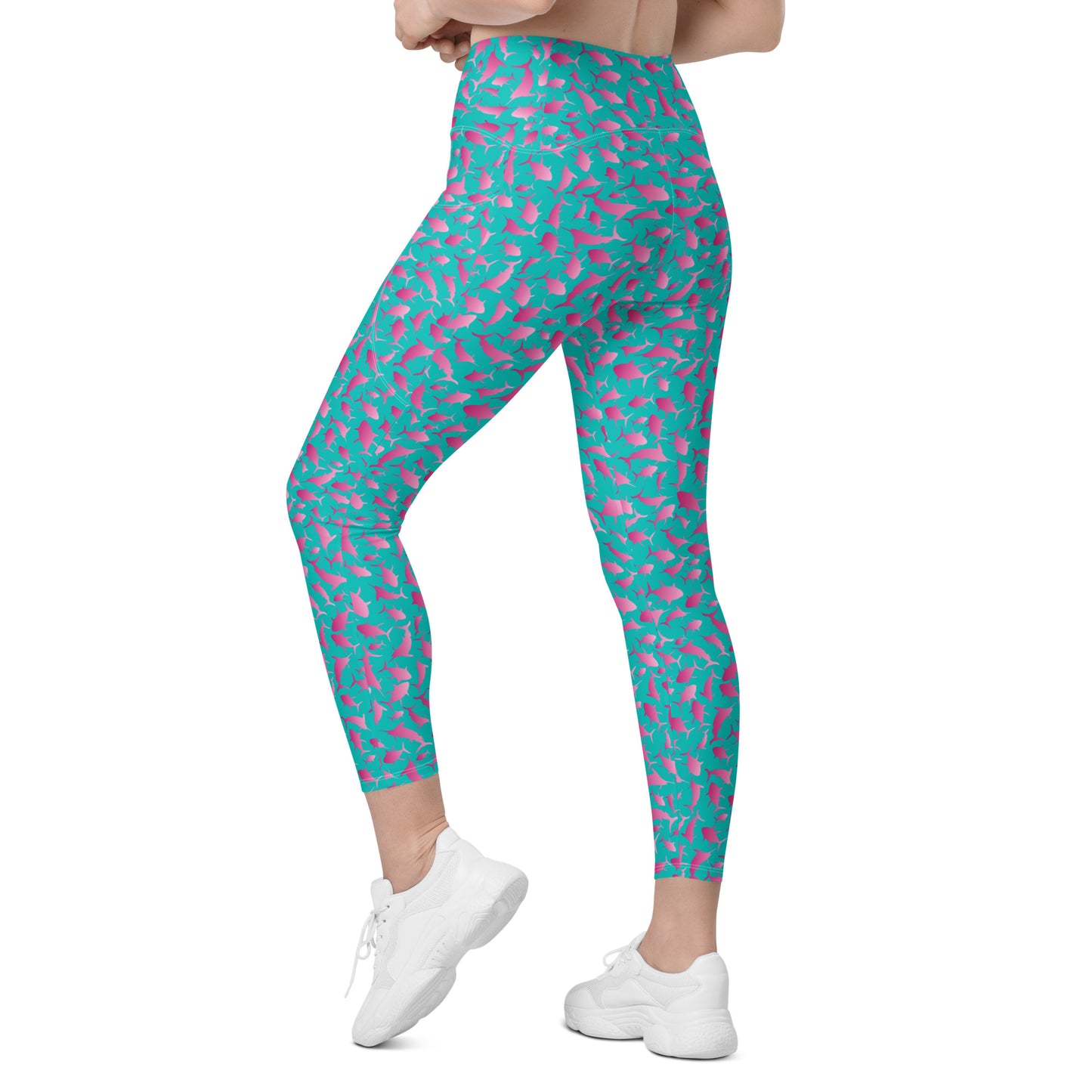 Marlin Tuna Scatter pink ombré on teal Leggings with pockets