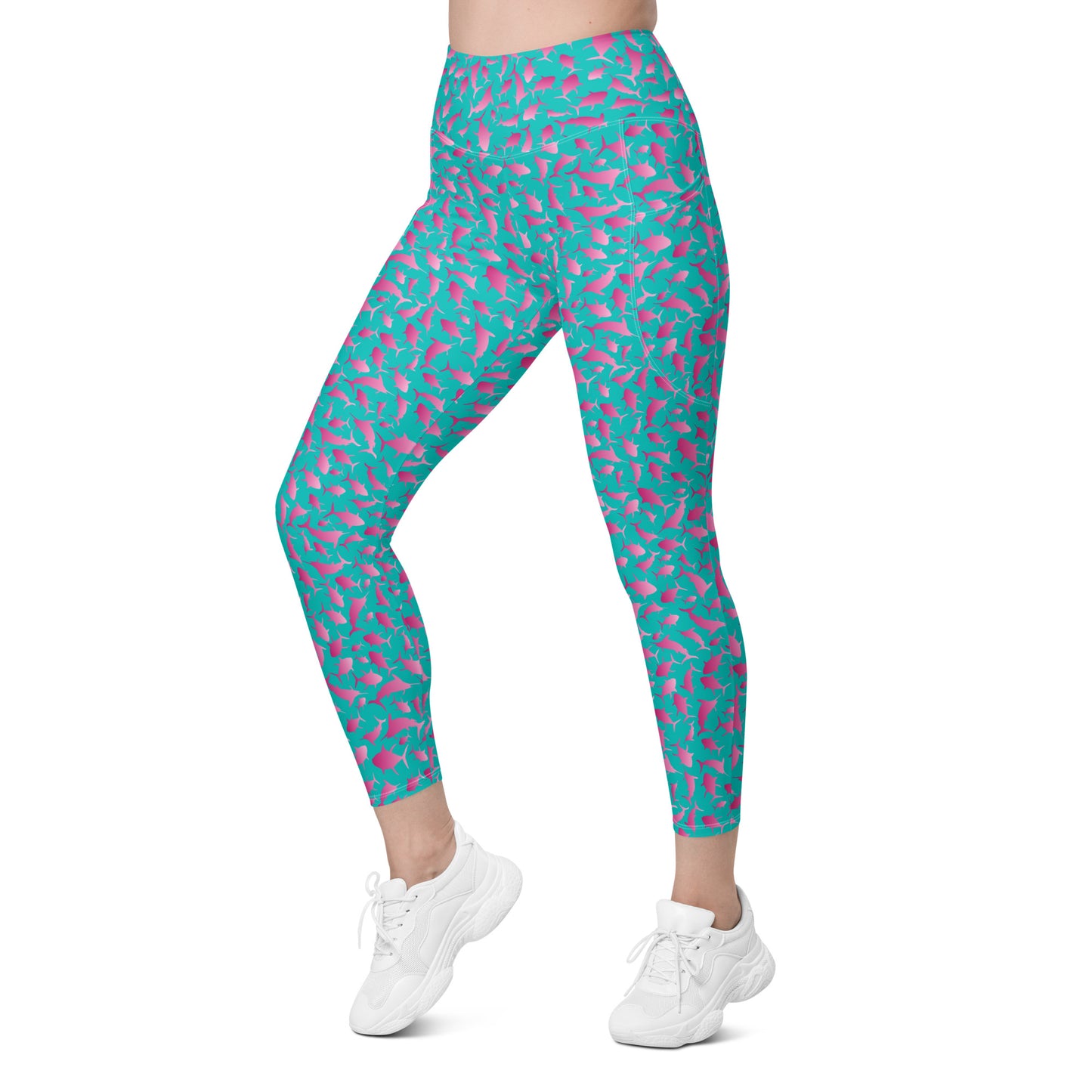 Marlin Tuna Scatter pink ombré on teal Leggings with pockets