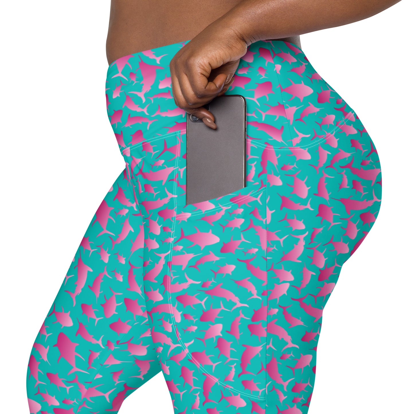 Marlin Tuna Scatter pink ombré on teal Leggings with pockets