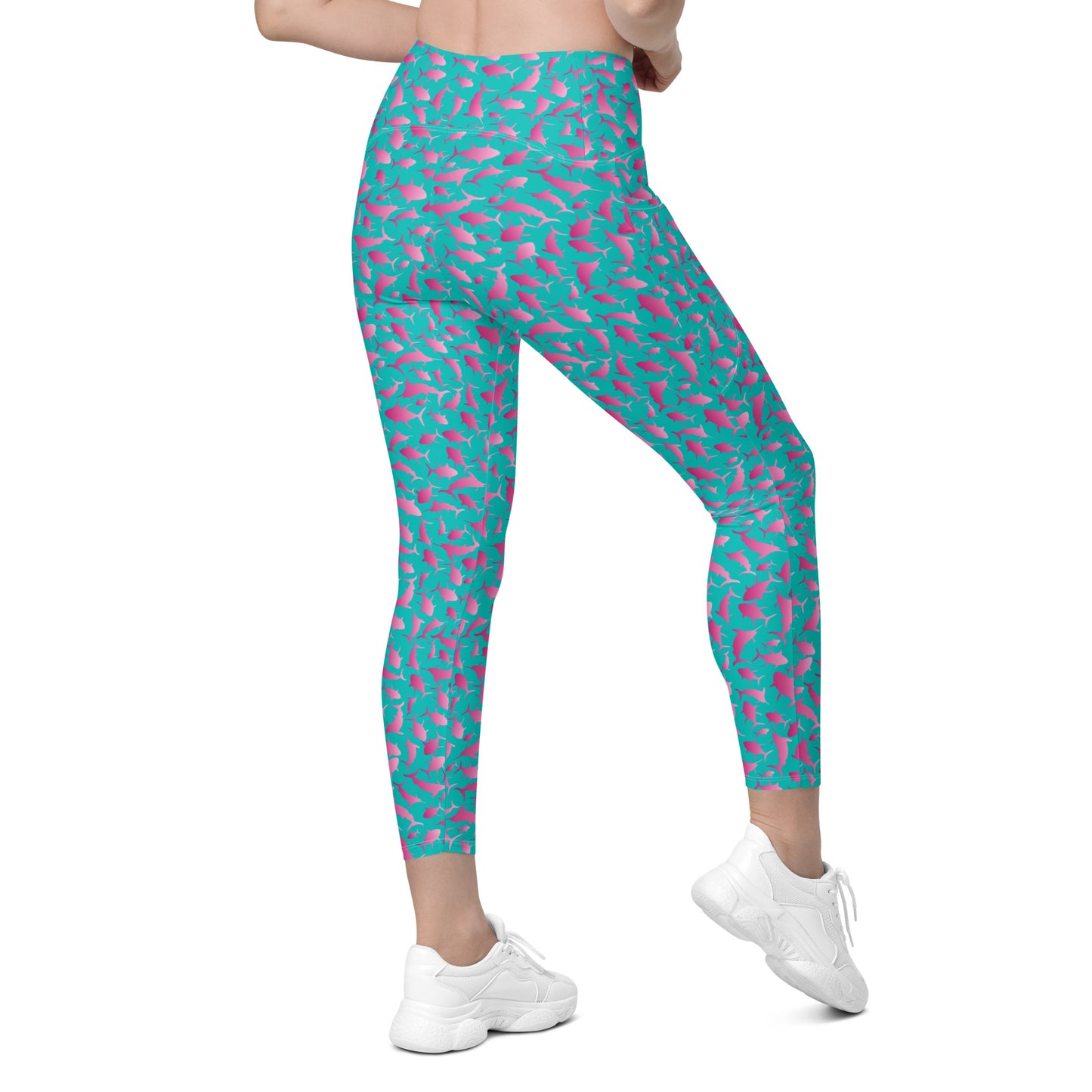 Marlin Tuna Scatter pink ombré on teal Leggings with pockets