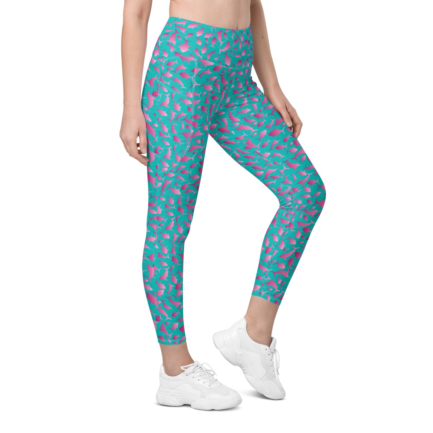 Marlin Tuna Scatter pink ombré on teal Leggings with pockets